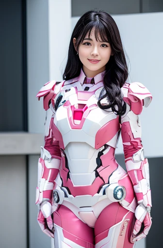 pink power range lemele、Realistic, shiny dark pink and white suit、Power Rangers Bodysuit、professional photograpy、Does not expose the skin, Japanese Models,The skin is not exposed、fleshy body, A smile、Colossal tits、A dark-haired