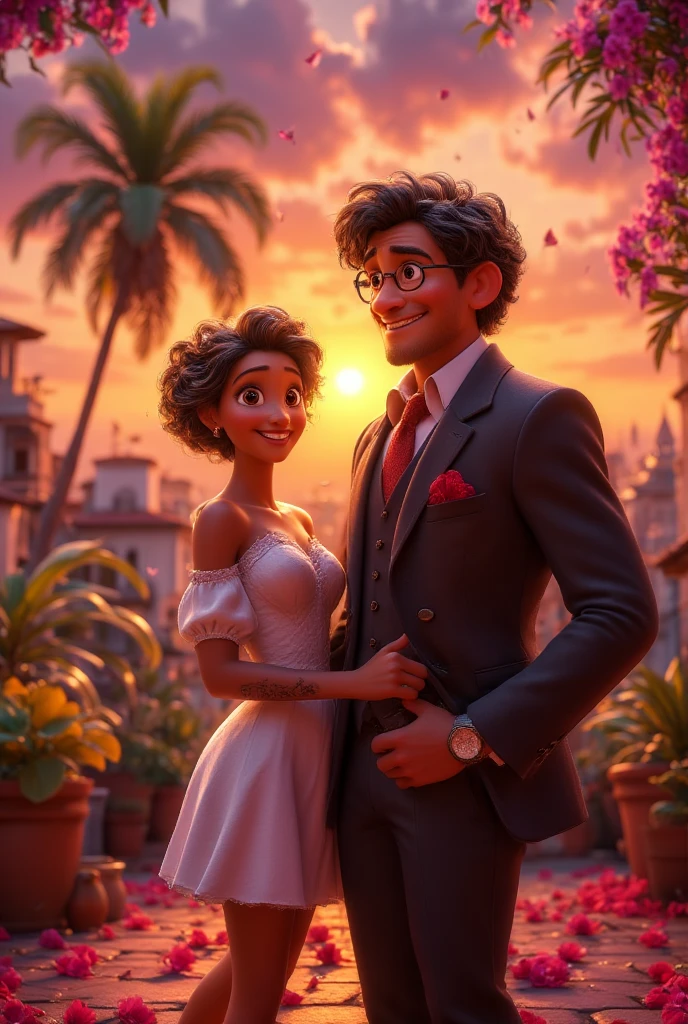 Imagem de um casal estilo anos 70, 80, em 3d, felizes, in a colorful romantic setting