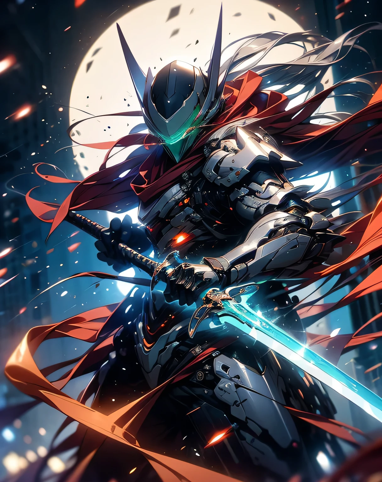 (( Man Wearing Red Exo Armor Is Moving Violently)), rendered in Unreal Engine 5 , Black Octane Rendering, Super detailed with octane rendering , rendered with 8K Unreal Engine , rendered with Unreal Engine 6 , Streamlined red armor , high detail iconic characters , 8k octane rendering photorealistic , Unreal Engine 5 rendering , rendered with Unreal Engine 5 , metallic, manipulating a sword that emits light, ( violently discharging into the air), (Strong blur effect ), My eyes are glowing green, ((Big full moon, moonlight)), EdobLandscapeAlpha, (32K, Ultra High Definition), Long silver hair tousled by the wind