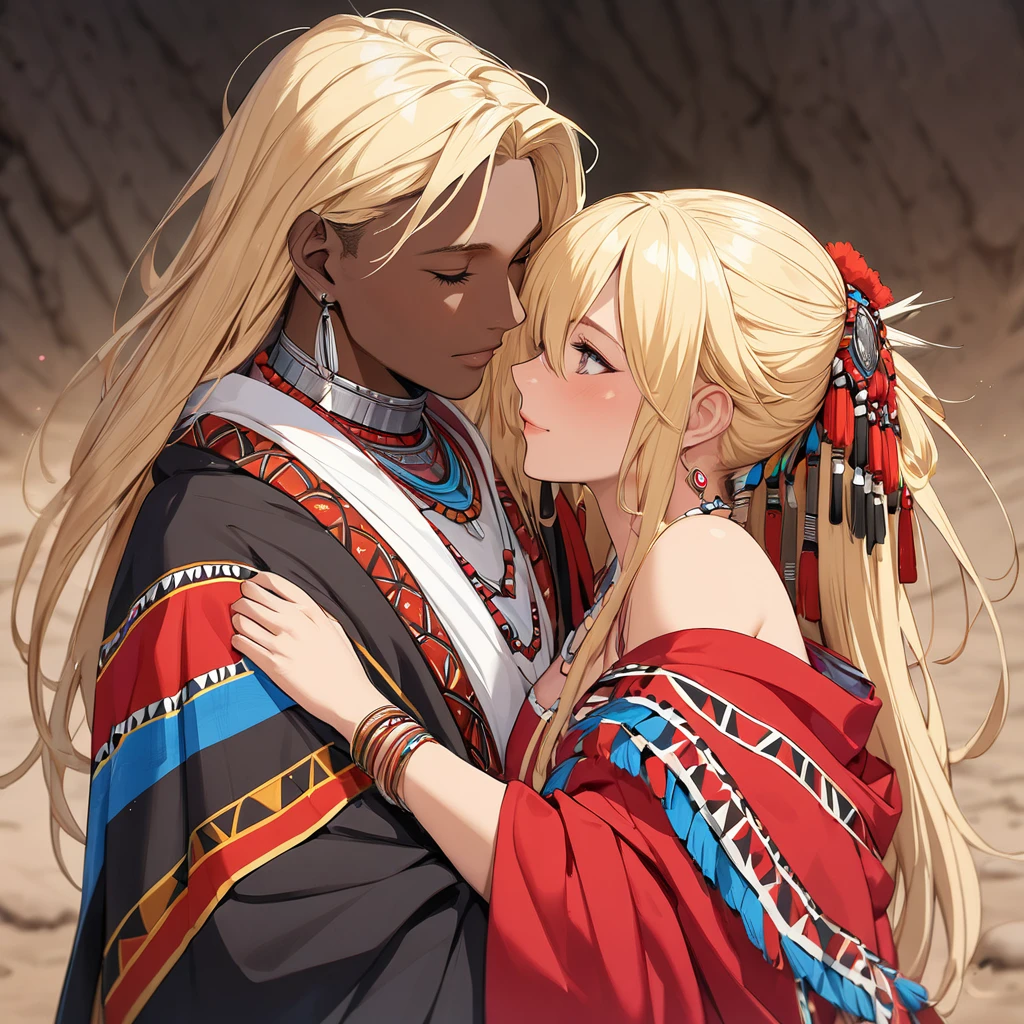 The woman who became a gorgeous and beautiful bride of the African Maasai tribe and accepted to become a member of the Maasai tribe was a beautiful blonde Fate Testarossa, hugged, kissed her beloved husband, had a wedding, and loved each other, and became a genuine Maasai woman、((Best Quality)), ((masterpiece)), ( Details), （ perfect face）,The woman is a blonde Fate Testarossa with excellent proportions 