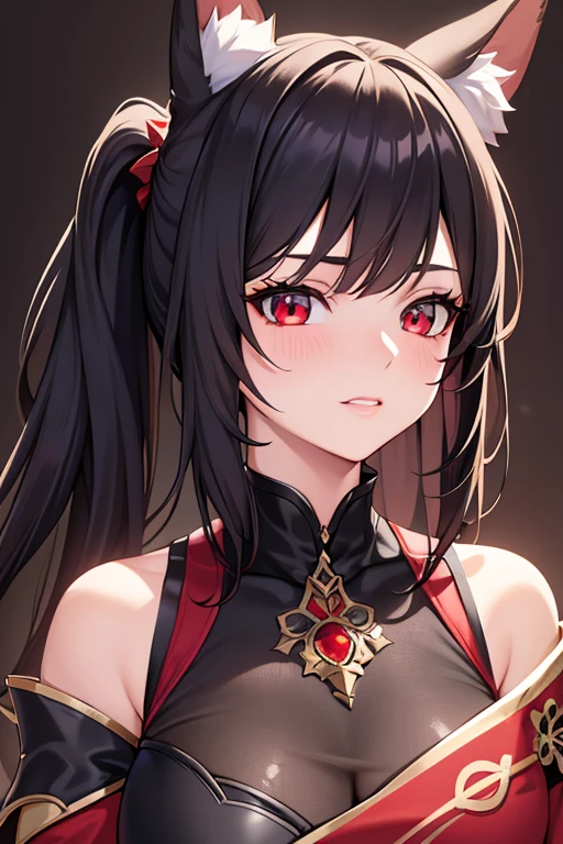 beautiful woman with red eyes, 2 ponytails, long black hair, fox ears, wearing a beautiful red dress, black leggings, genshin impact style, cute girl, (best quality,4k,8k,highres,masterpiece:1.2),ultra-detailed,(animated,photorealistic,photo-realistic:1.37),intricate details,exquisite,vivid colors,cinematic lighting,concept art,digital painting