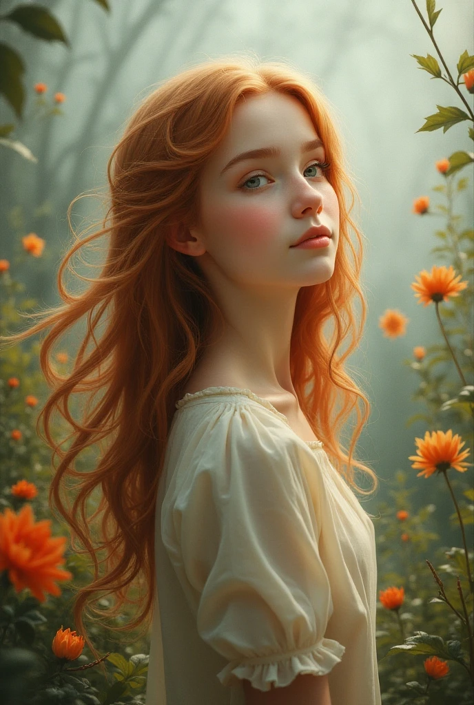 Digital hyperrealistic art, A field with beautiful flowers in the background, a red-haired woman with long curly hair holds a flower in her hand while leaning slightly towards it., Although there is some softness in her face, she maintains a serious gaze. Image with orange tones