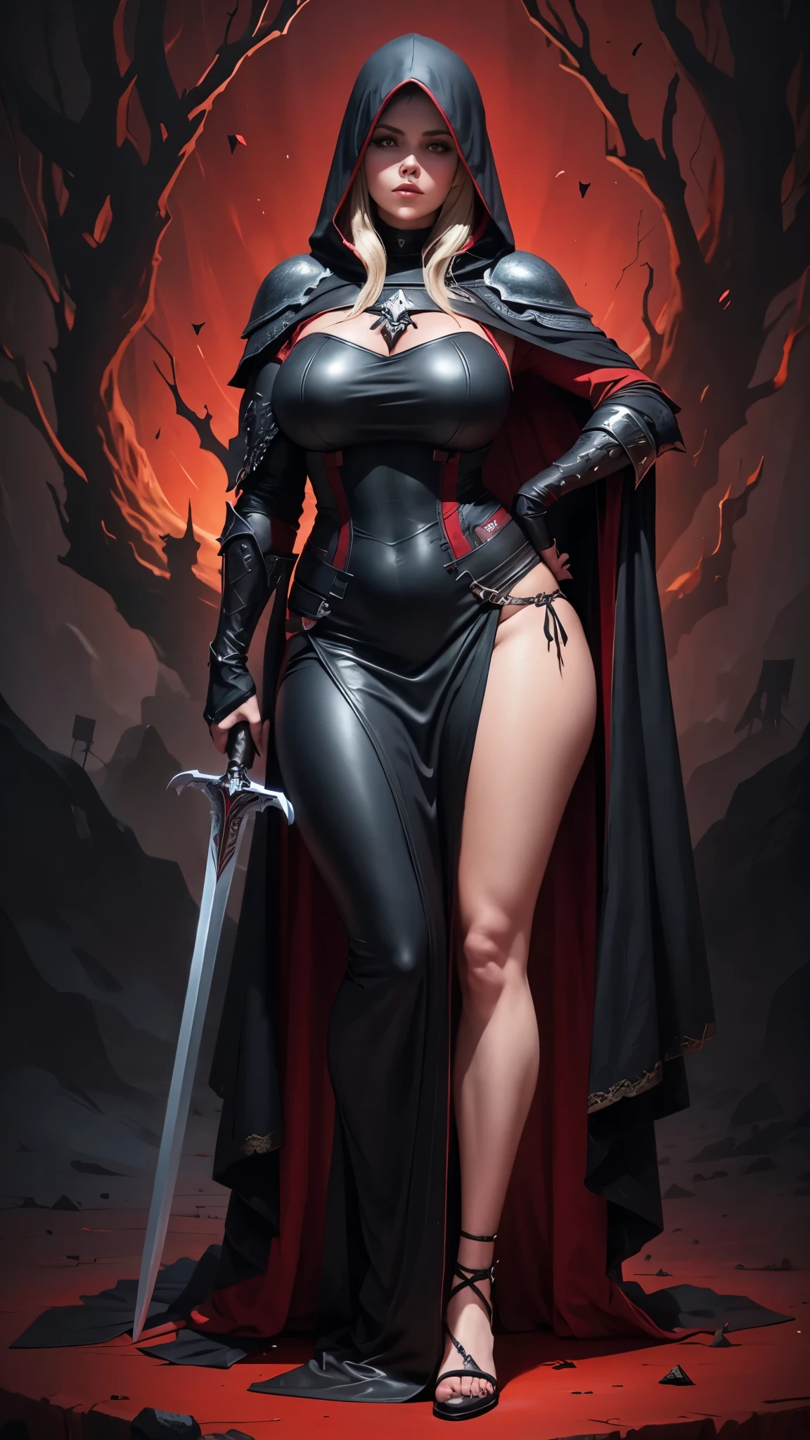Red Riding Hood becoming the Big Bad Wolf, big breasts, frontal, full-length, looking at the camera, facing the audience, standing pose, forest background, three-dimensional light, detailed full-body concept, sleek digital concept art, beautiful full-body concept art, art trend, CGsociety full-length, huge breasts, tall, wide hips, huge bursting breasts, dynamic pose, dynamic camera, squirting