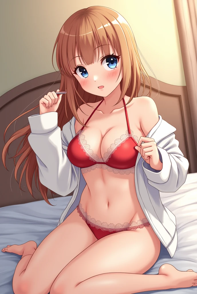 asuka Langley, sleepwear, white spaghetti strap t-shirt, fallen strap showing right breast, topless, medium breasts, small nippless, decorated fitted boyshorts, on the bed, front, beautiful and perfect legs, perfect arms, perfect hands, masterpiece sexy pose, bedroom, sunrise