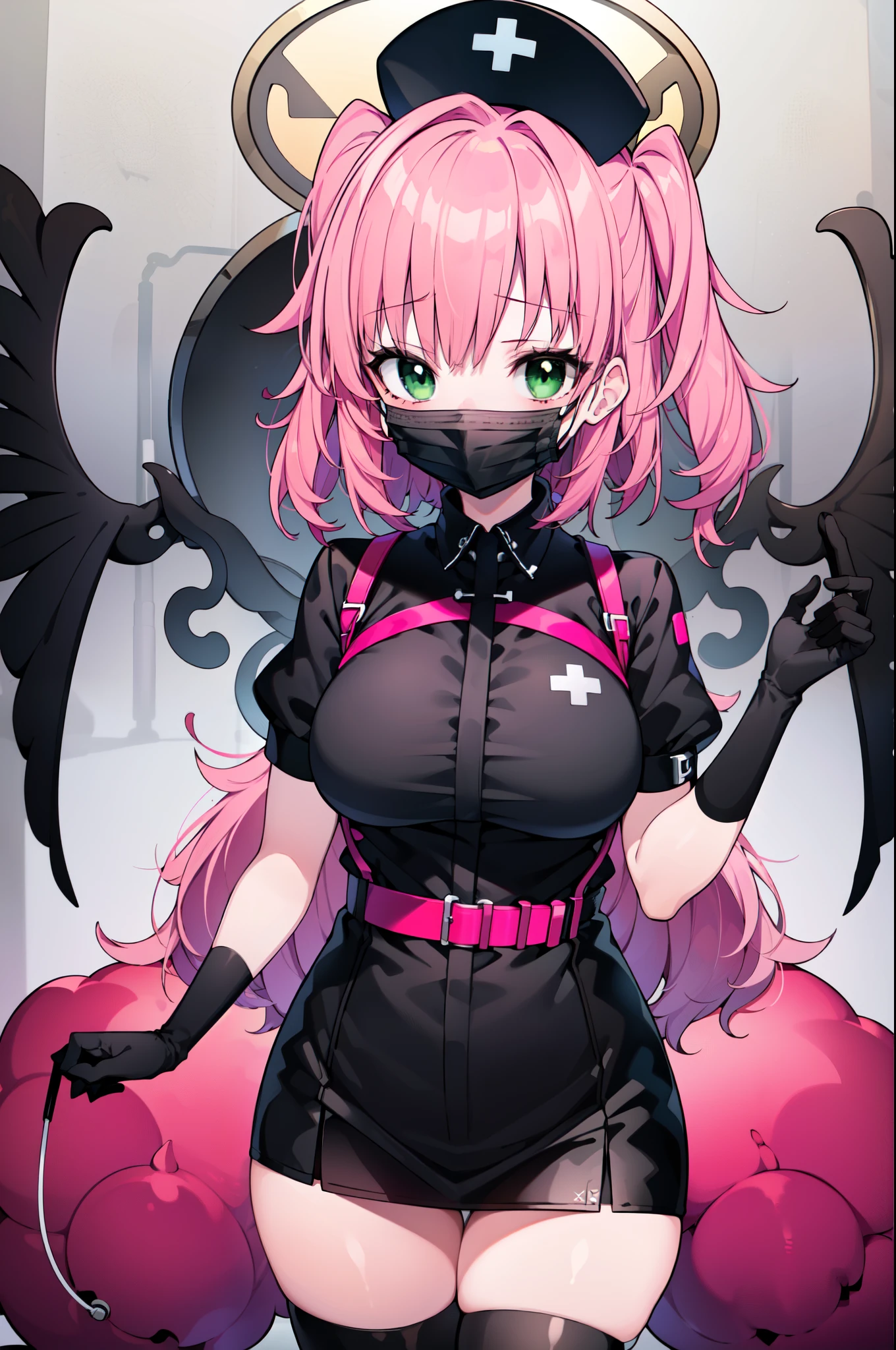 black nurse, 1girl, solo, black nurse cap, black nurse uniform, ((black legwear, zettai ryouiki)), black elbow gloves, pink hair, green eyes, drooping eyes, ((black surgical mask, covered nose)), standing, ((surgery room)), sharp outline, short sleeves, best quality, masterpiece