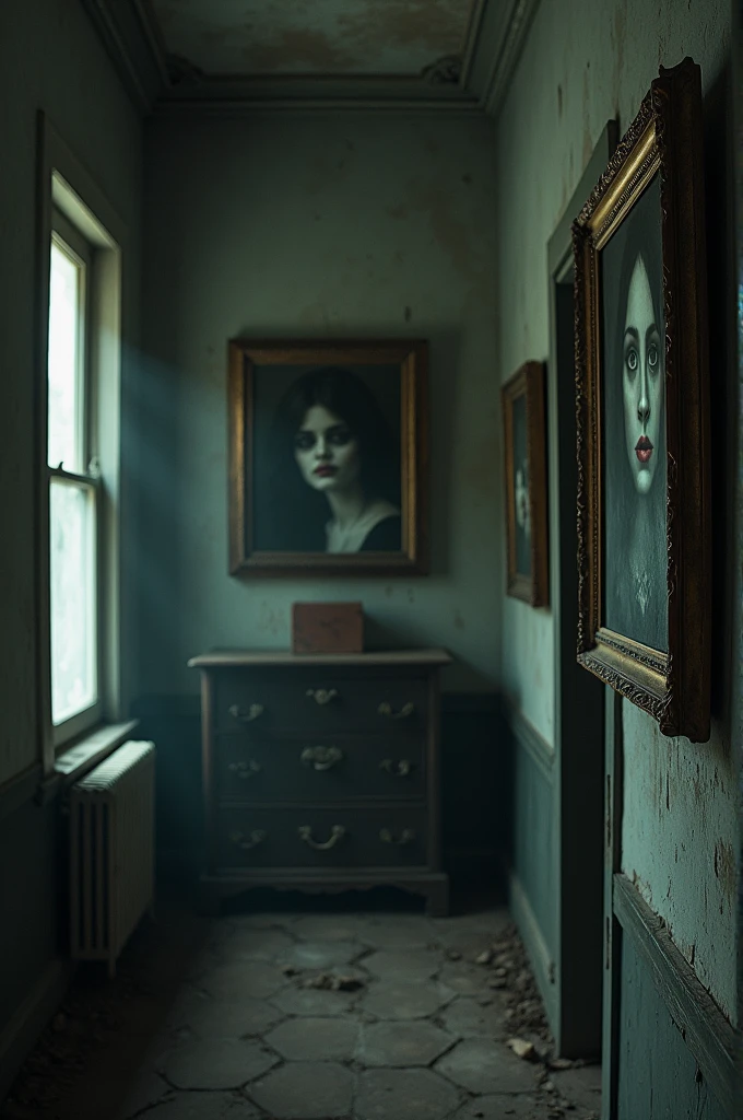 L'intérieur de la maison avec des meubles poussiéreux et des toiles d'araignées. Un portrait ancien est accroché au mur, montrant un visage pâle et émacié avec des yeux perçants. L'image semble avoir une aura inquiétante.