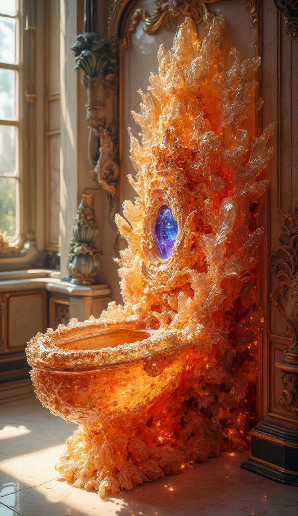 a toilet made of orange diamond, highly detailed, photorealistic, 8k, masterpiece, intricate details, beautiful orange and white colors, ornate design, glowing amethyst, intricate carvings, elegant and luxurious, sparkling, crystalline structure, natural lighting, dramatic shadows, high quality render