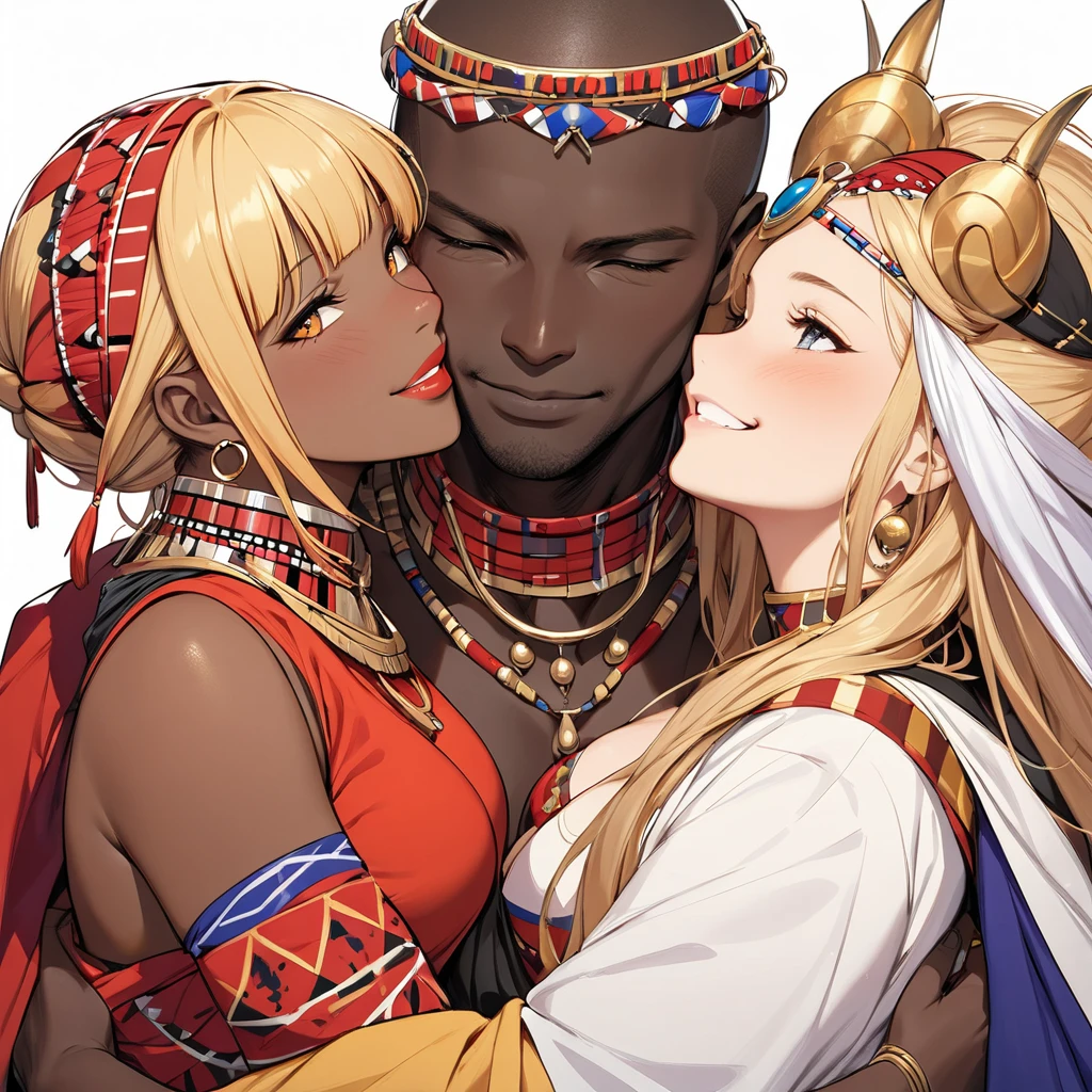  The woman who became the African Masai tribe is a beautiful blond Fate Testarossa, wears a Masai costume and hugs, kisses, and loves each other with her beloved husband's strong black Maasai man、((Best Quality)), ((masterpiece)), ( Details), （ perfect face）,The woman is Fate Testarossa, a blond Maasai woman with excellent proportions and a gentle smile