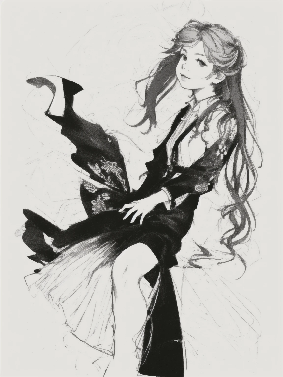 best quality,highres,(sketch,lineart,monocolor,Migunov:1.3)indoors,(black and white ink art:1.2)
young girl,solo,messy hair,flipped long hair, short dress,long sleeves dress, 
 