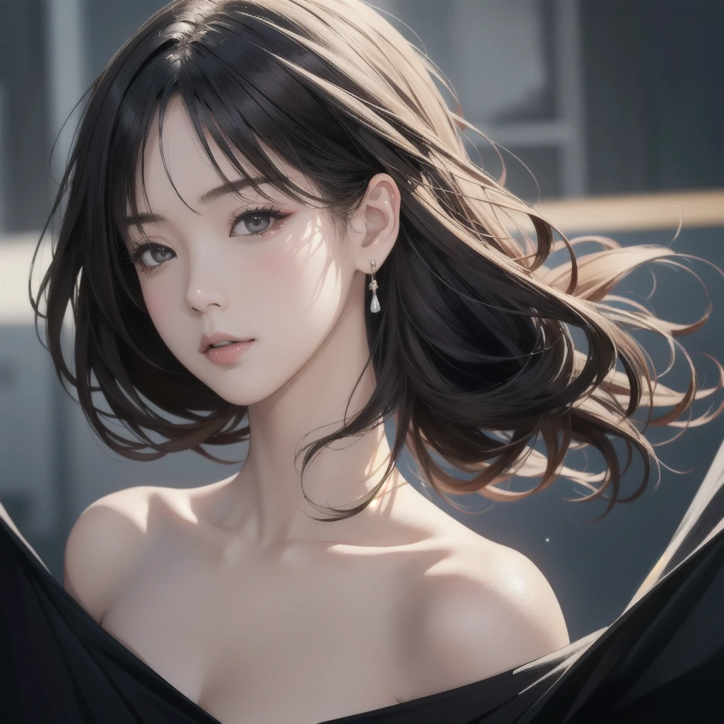 masterpiece, best quality, Extremely detailed, The best shadow, Beautiful and delicate face, Beautiful and delicate eyes, girl, Big breasts, Bangs, Hair covering one eye, Black bare shoulder,, White background:1.3, (Face focus:1.3, Eye close-up:1.3), ((From the back:1.3)), yes,