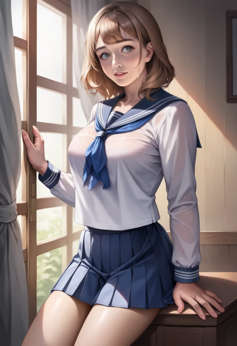 (masterpiece:1.2, highest quality), (realistic, photorealistic:1.4), beautiful illustrations, (natural side lighting, movie lighting), Depth of written boundary,
looking at the viewer, (face focus, Upper body), Front view, 1 girl, English, high school girl, 15 years old, perfect face, Cute symmetrical face, shiny skin,
(bob hair:1.7,blonde), asymmetrical bangs, Big eyes, droopy eyes, long eyelashes chest), thin,
beautiful hair, beautiful face, fine and beautiful eyes, beautiful clavicle, beautiful body, beautiful breasts, beautiful thighs, beautiful feet, beautiful fingers,
((fine fabric texture, sailor venus, short sleeve white collar shirt, White pleated skirt, Navy bow tie)),
(beautiful scenery), evening, (Inside the flower shop), Are standing, (smile, Upper grade, open your mouth), (((skirt lift, No panties, genitals visible)))