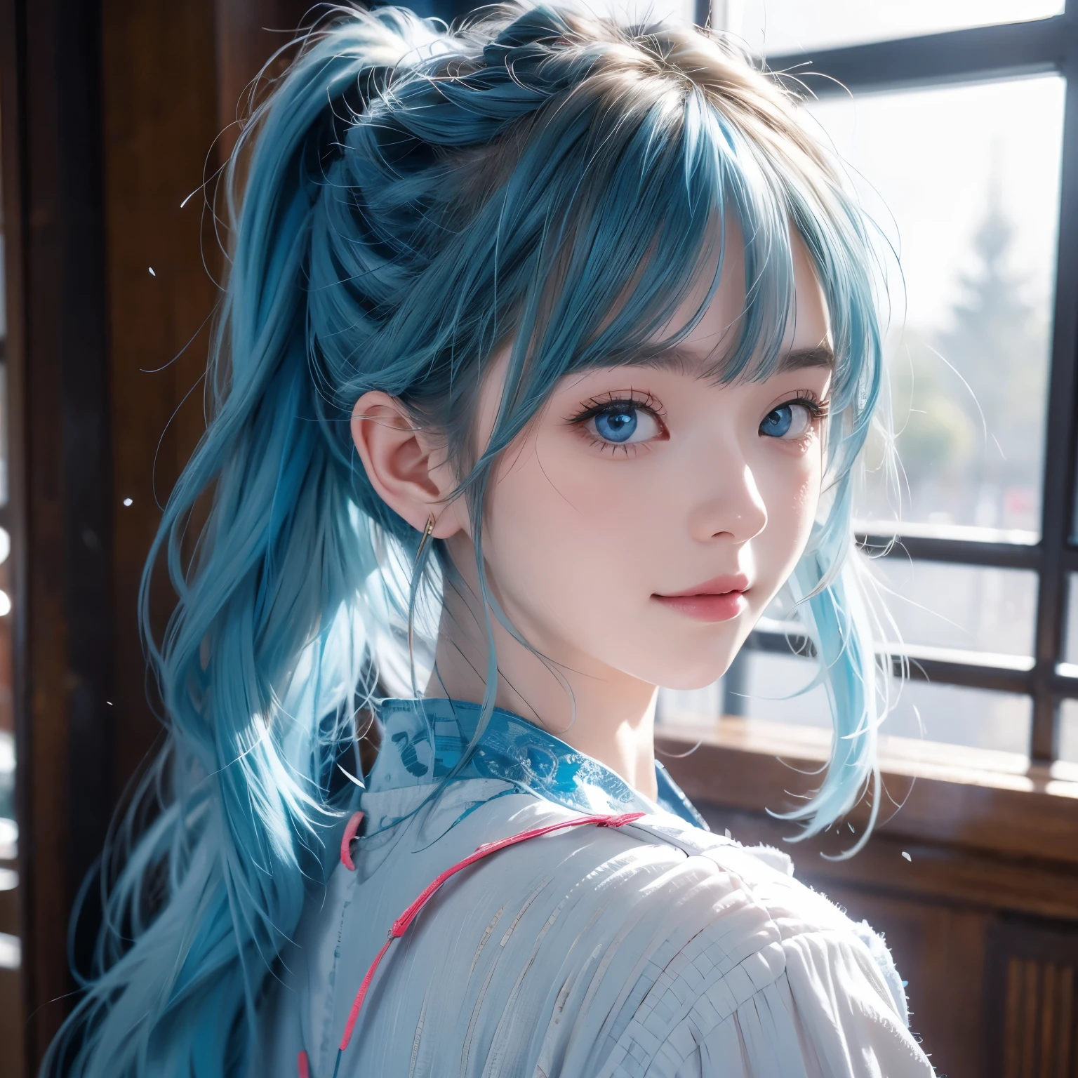 (masterpiece), ( best quality), ( super detailed),( disheveled hair),(illustration), (1 Girl),  to a standing, Smile,  beautiful and detailed eyes ,  light blue eyes , Good looking, (Kamisato Ayaka: 1.2), Focus on the face ,   ponytail, Kamisato Ayaka( genshin impact ), Light blue hair, Detailed Hair,  bangs, BEST LIGHTING ,  Best Shadow ,  Very detailed,  vibrant 