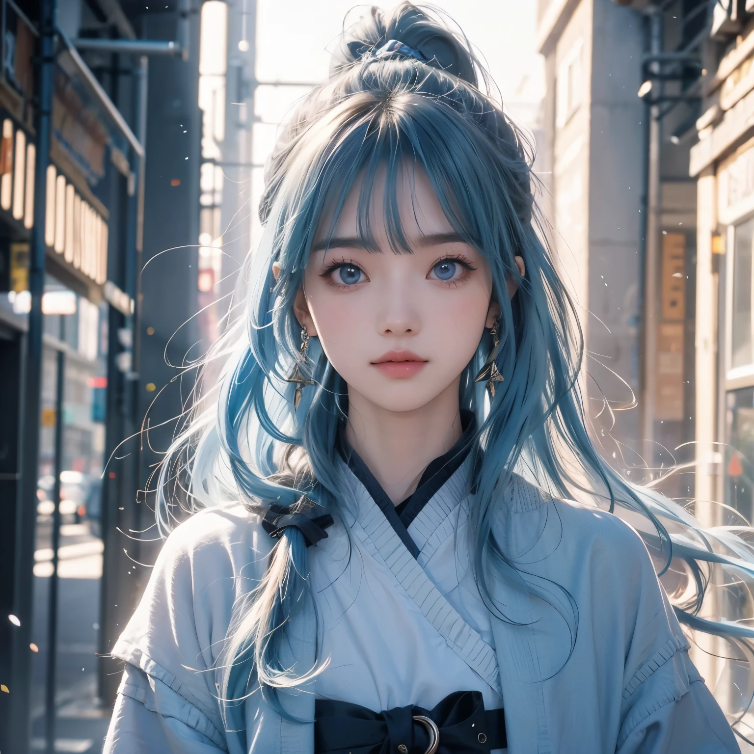 (masterpiece), ( best quality), ( super detailed),( disheveled hair),(illustration), (1 Girl),  to a standing, Smile,  beautiful and detailed eyes ,  light blue eyes , Good looking, (Kamisato Ayaka: 1.2), Focus on the face ,   ponytail, Kamisato Ayaka( genshin impact ), Light blue hair, Detailed Hair,  bangs, BEST LIGHTING ,  Best Shadow ,  Very detailed,  vibrant 