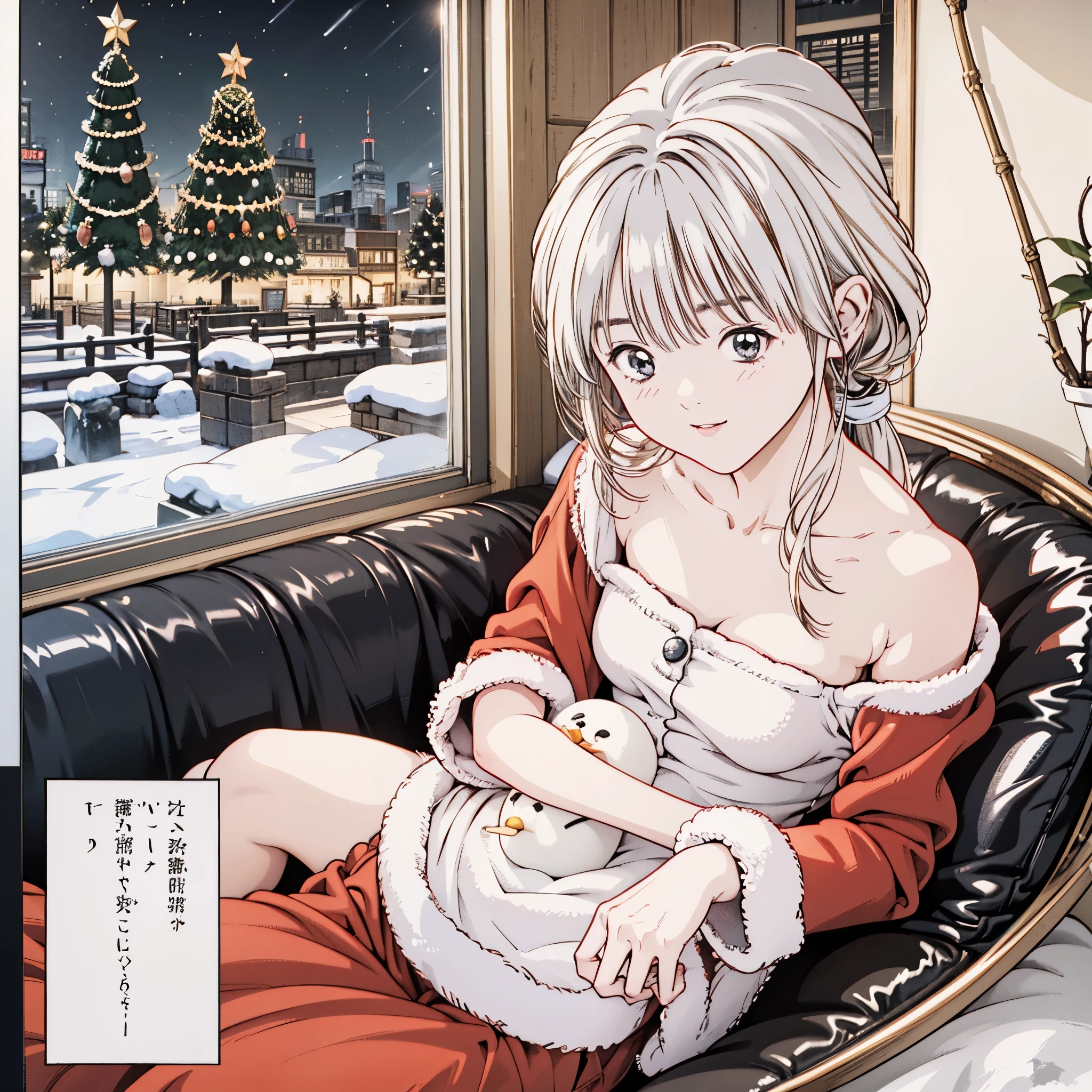 ((8k、Realistic、 RAW photos from the last century、Best Quality: 1.3)、（real skin）,beautiful expression、 super high definition、(Anime Girls In Christmas Uniforms ,Fluffy)、 soft、 slender body sitting in a rock bath ,Curvy , beautiful詳細な顔,( one girl playing pranks,長い silver hair, ponytail,Glasses ),beautiful、魅力的で非Realistic,Honey, anime girl,Pixiv, Fascinating  anime girl, mischief, mischief anime style, Iori, 大きい softおっぱい ,Honey, Has a walking stick , laughing shyly 、 ponytail , silver hair , Christmas Costumes ,Glasses , smiling shyly 、background：natural snowfields 、city、 Christmas Trees That Aren't Too Real、Snow is falling、 imaginary、Holy Night、 snowman、