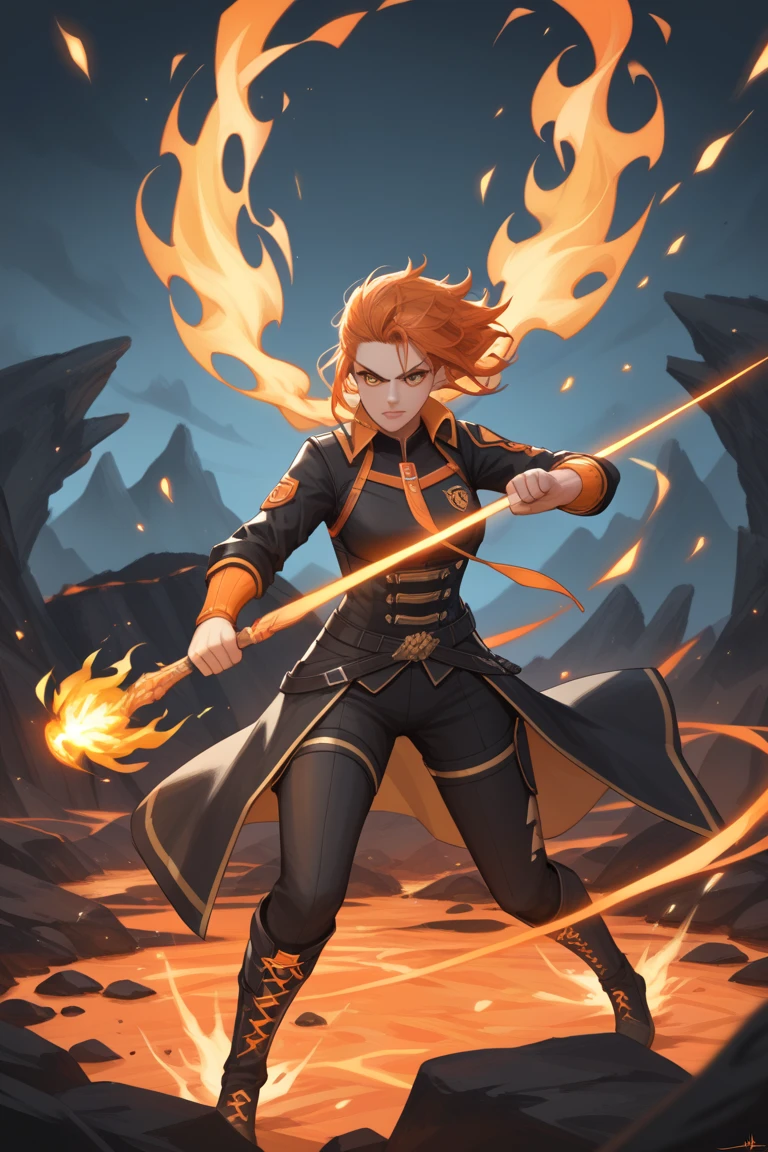 A dark volcanic landscape with rivers of lava casting an intense orange glow, jagged black rocks with glowing edges, and floating ash particles in a hazy atmosphere. Mavuika stands in an attack stance, holding a large fiery claymore, with flowing orange hair styled like flames. Her confident, powerful posture reflects authority