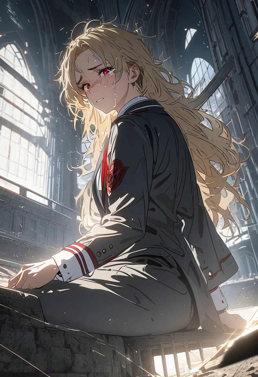 (Alone), Blonde, bangs, Mane hair ,  long hair in the castle, messy hair , Scattering,  black scar on face,  facial scar expressive hair, sad face, mature,(25 years old),  red eyes, ((female)), beautiful 소녀, blue tie , beautiful, Eye Reflections , Depth , masterpiece, 8k,  ultra high definition, High quality 상세정보,  Premium Quality,  high res, High quality, Ultra Detailed , masterpiece, 8k,  animation coloring, White ,  short skirt, Magic School, Body shot , Sitting crouched,  crying