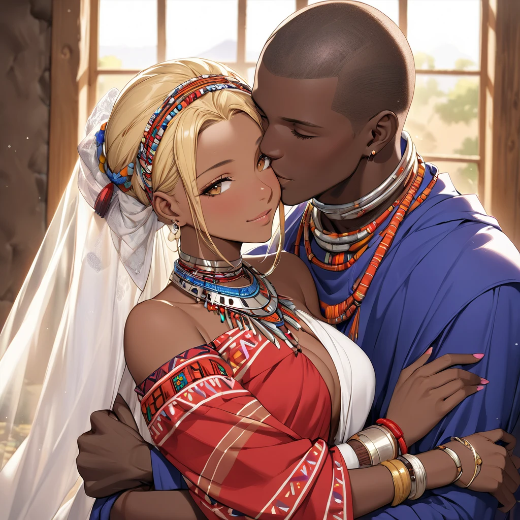 ((Highest quality)), ((masterpiece)), (detailed), （Perfect Face）、The woman is a Ghanaian born Tsukino Usagi with a vivid dark skin, black by birth, and is wearing a colorful Ghanaian dress from a Ghanaian village, a colorful turban head scarf, gorgeous jeweled accessories, and an engagement ring.、The woman is the elegant Tsukino Usagi, with her short black afro hair tied up in a Ghana braid, wearing a colorful Ghanaian dress and a colorful turban head scarf, with vibrant dark brown skin, a natural-born black person, and a natural-born Ghanaian, Tsukino Usagi.、（The woman is a black Ghanaian with vivid dark brown skin.）、A woman and a man are getting married in a village in Ghana, embracing each other and kissing each other in a vow ceremony.、The man is a dignified, bearded, elderly Ghanaian village elder.