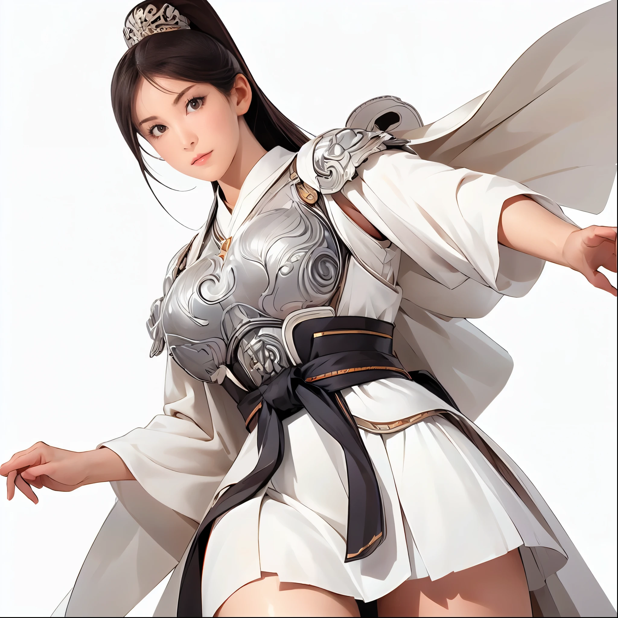  1 girl,Ancient Chinese Female Generals :1.2, Beautiful Faces Like Sculptures:1.2, almond-shaped eyes ,Shining Brown Eyes ,perfecteyes:1.3,(ancient chinese armor),masterpiece:1.2,Beautiful long black hair,He holds a famous sword from ancient China:1.2, cowboy shot:1.3,dynamic pause:1.2, white background:1.3,simple background:1.3,from below:0.8,wide view,(Thighs close up)