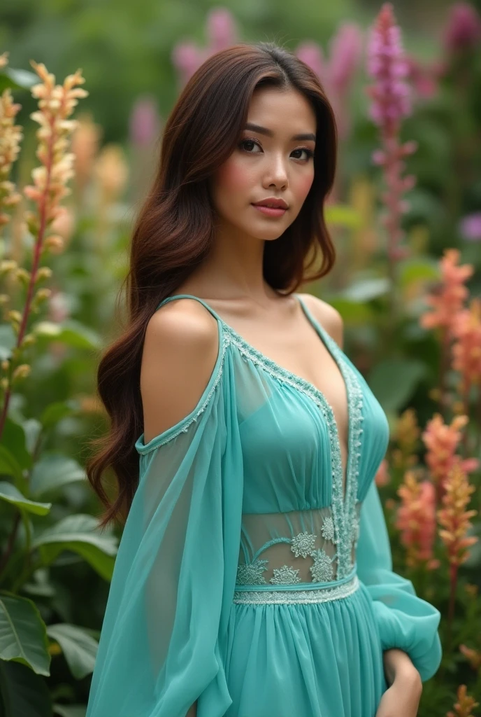 a beautiful young girl, slim jawline, slim yet chubby figure, detailed face, piercing eyes, lush lips, long eyelashes, flawless skin, soft flowing hair, elegant pose, intricate dress, cinematic lighting, fantasy garden background, vibrant colors, (best quality,4k,8k,highres,masterpiece:1.2),ultra-detailed,(realistic,photorealistic,photo-realistic:1.37), concept art, dramatic lighting, asian