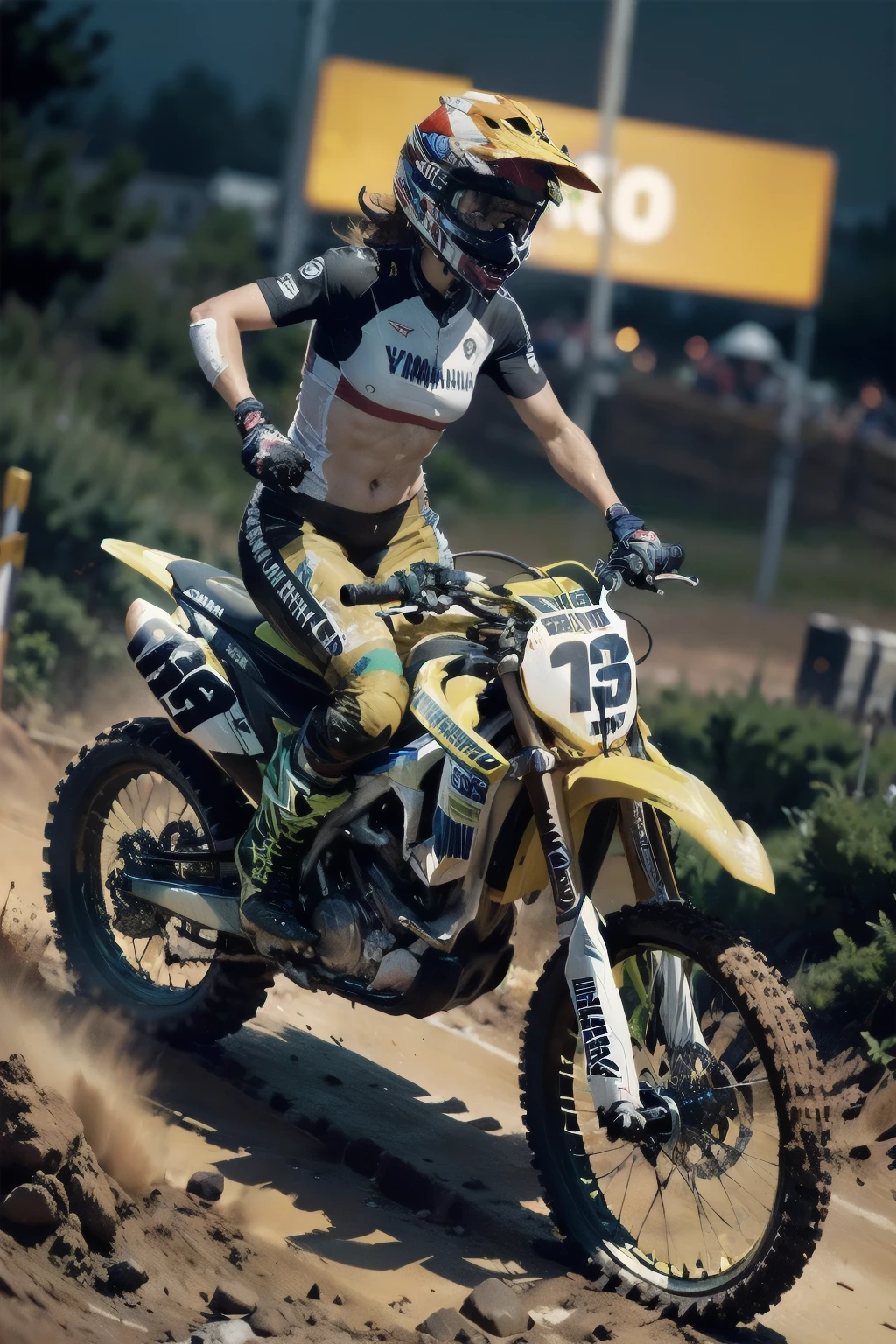 Yamaha WR250,  Cute Racer Girls , motocross race ,  Night Riding , best quality , Ultra Wide Angle ,  brown skin  , Full of mud, wearing motocross boots , muddy , abs ,Jump over a hill ,  