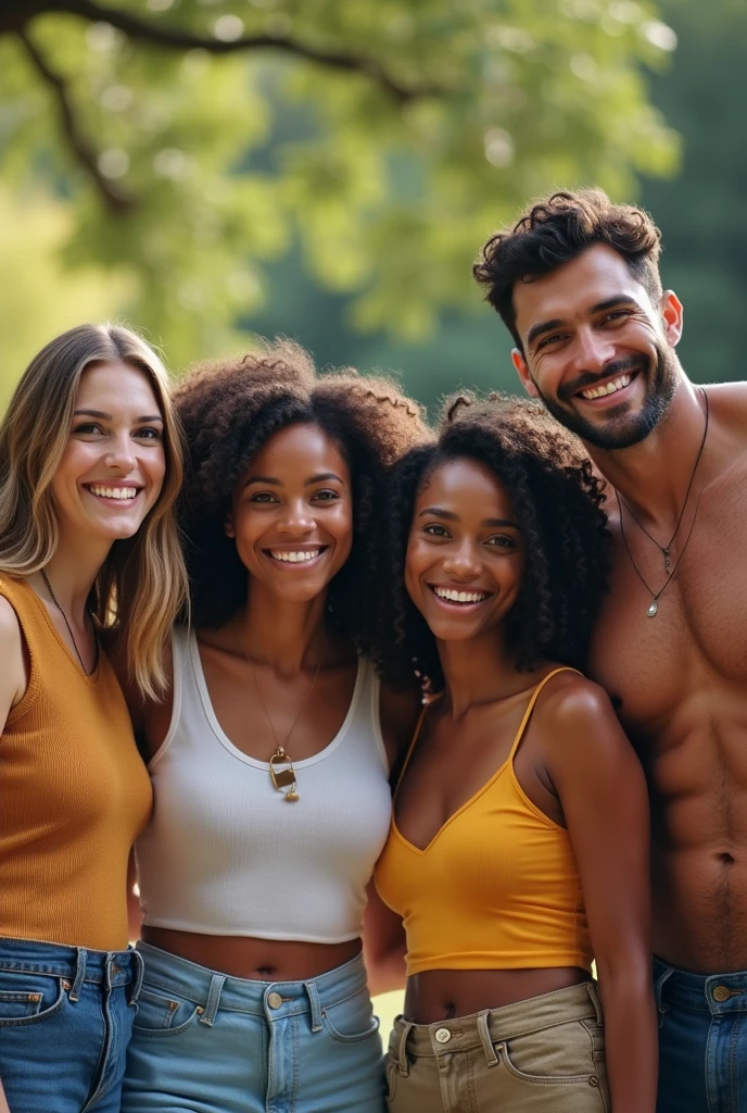 Black woman. Brown skin. Long flowing black hair. Flower styled dress. Standing and smiling with male friends. Ultra high quality