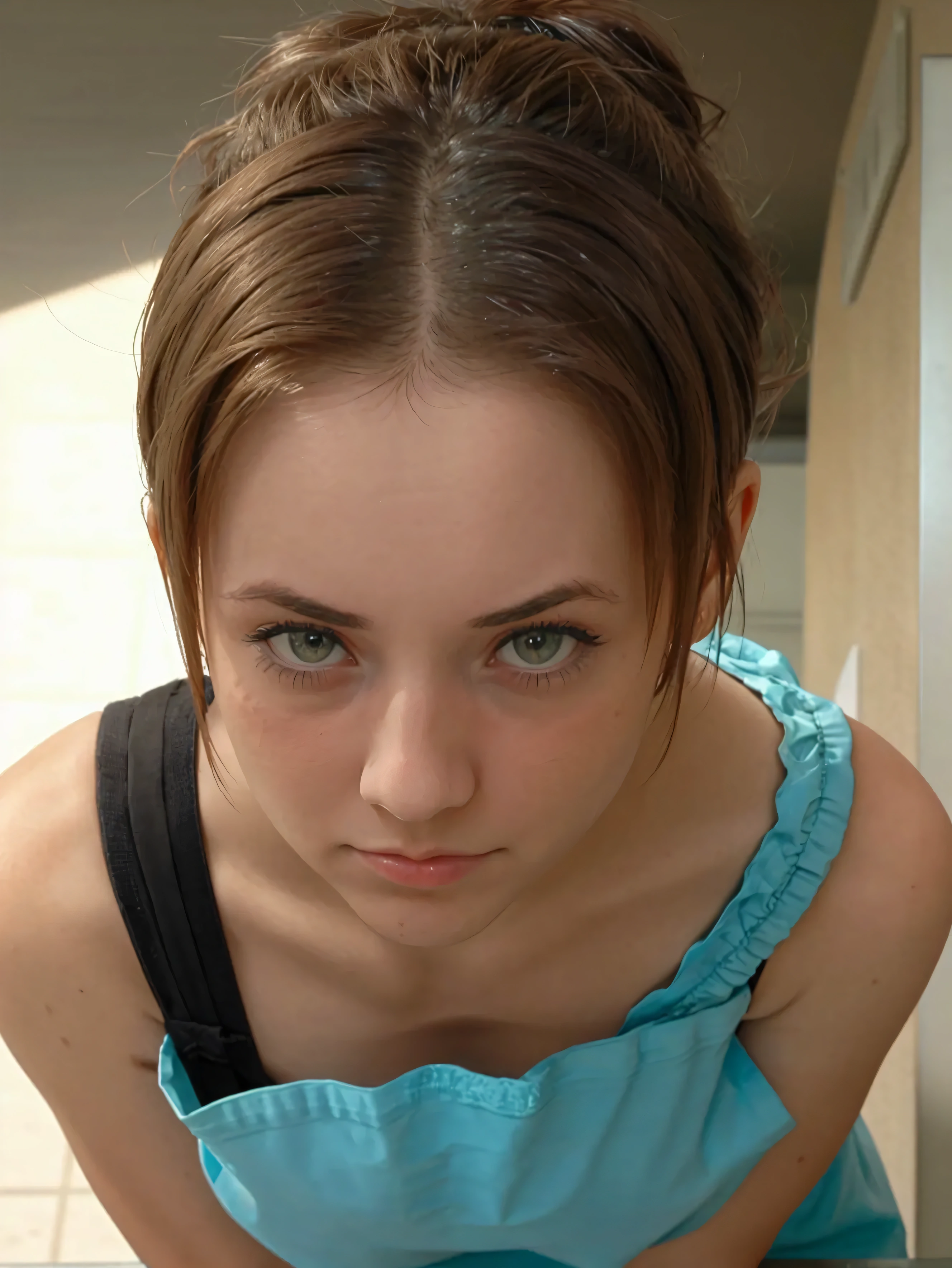 young californian woman, s , face from exact front perspective face from exact front perspective, wearing teal surgical scrubs, short hair tied in a bun / chignon, perspective from above
