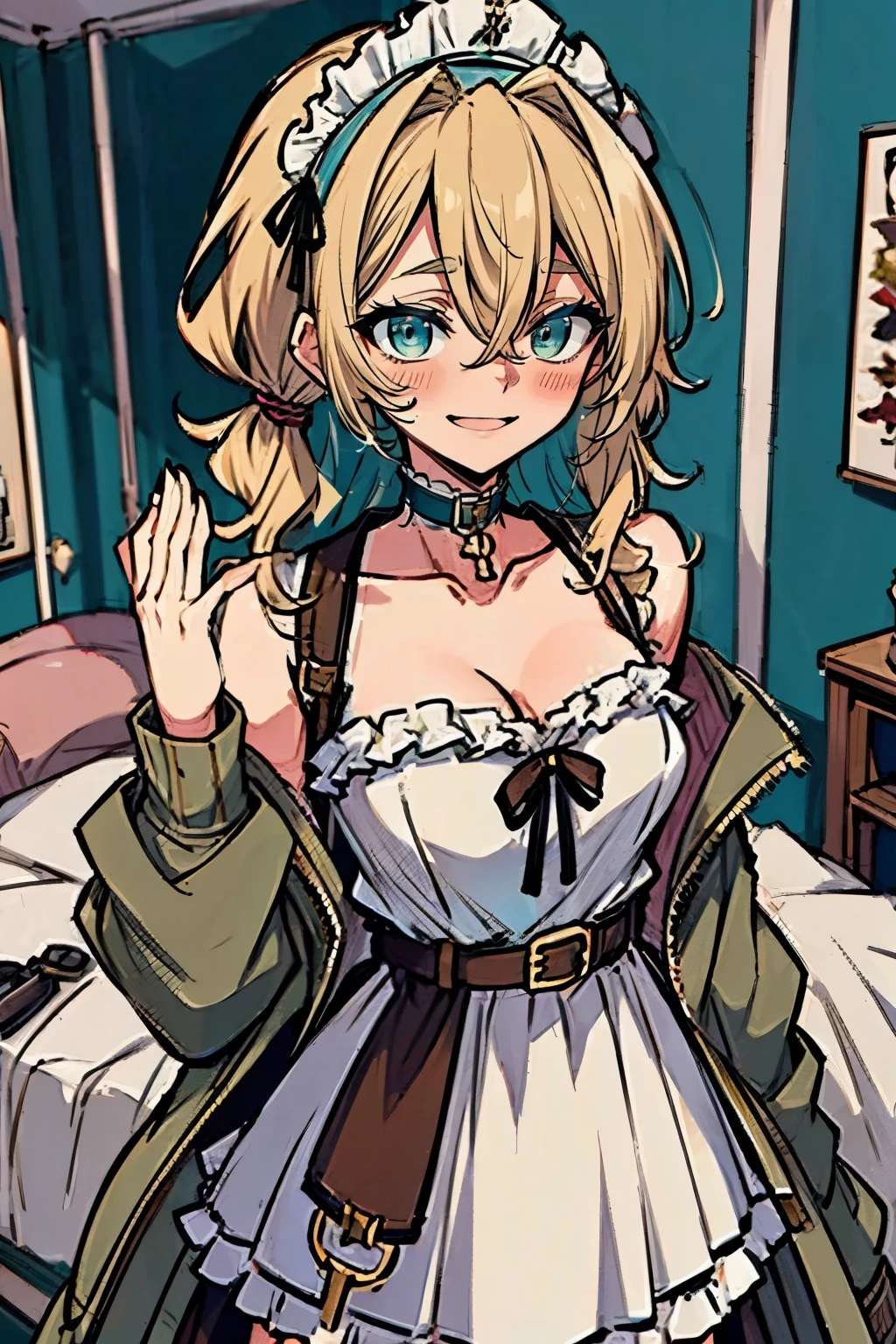 (masterpiece:1.2), (high quality:1.2), rekkyo sensen, rekkyou sensen, girls with(((1girl, solo, aiden d adams, blonde hair, teal eyes, smiling, blush, opened mouth, maid headdress, wavy medium hair, low twintail:1.3), maid, breasts, choker, cleavage, coat, cowboy shot, (white frilled dress:1.2), camisole, off-shoulder sleeves, bare shoulders, ribbon waist belt, collar, collarbone, rosary, rosary choker, cross, fur, khaki hoodie, green hoodie, hood down, hooded coat, hooded jacket, hoodie, jacket, large breasts, long sleeves, medium breasts, open clothes, open coat,open hoodie, sleeveless, winter clothes, zipper, cleavage, upper body, hand up, waving, palm)), background with((bedroom, room:2.0))