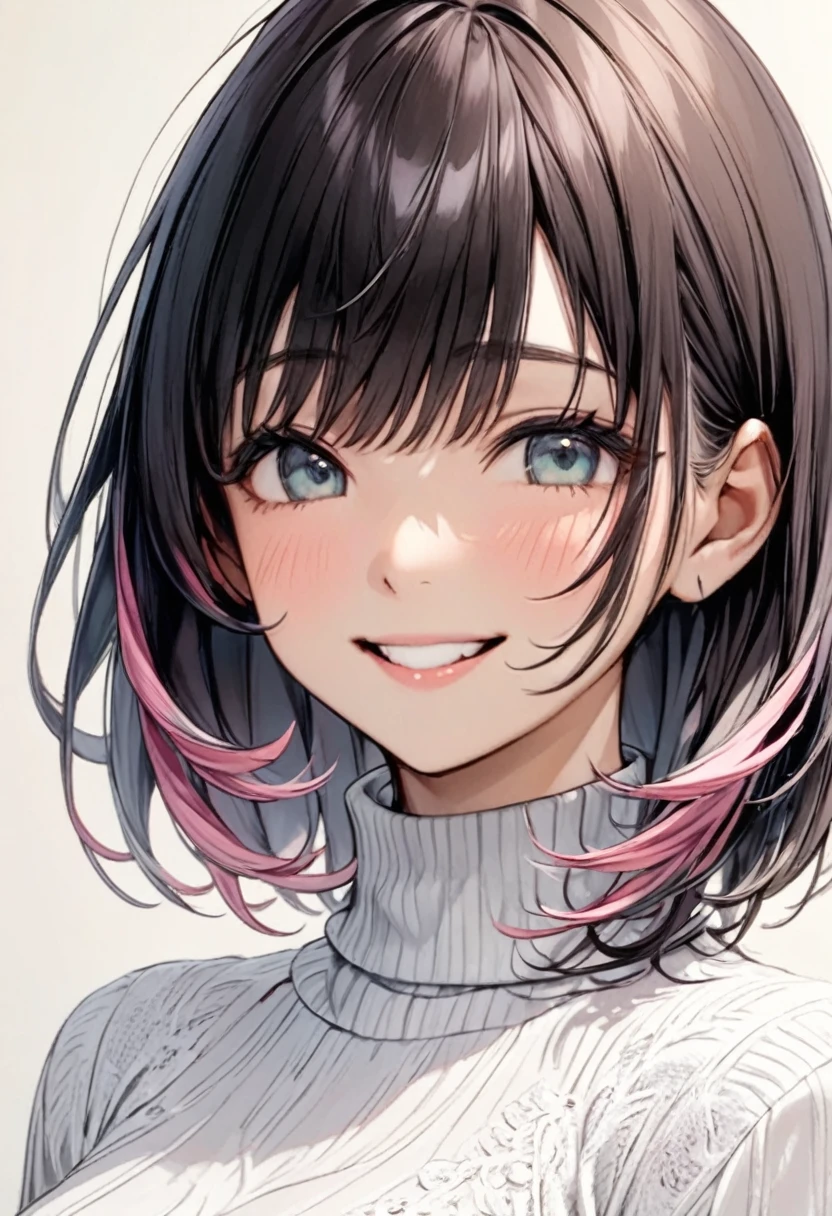  dark-haired woman"Haruna"The gentle smile , , white turtleneck ,  upper body focus ,  bust up shot, simple background in pastel colors,