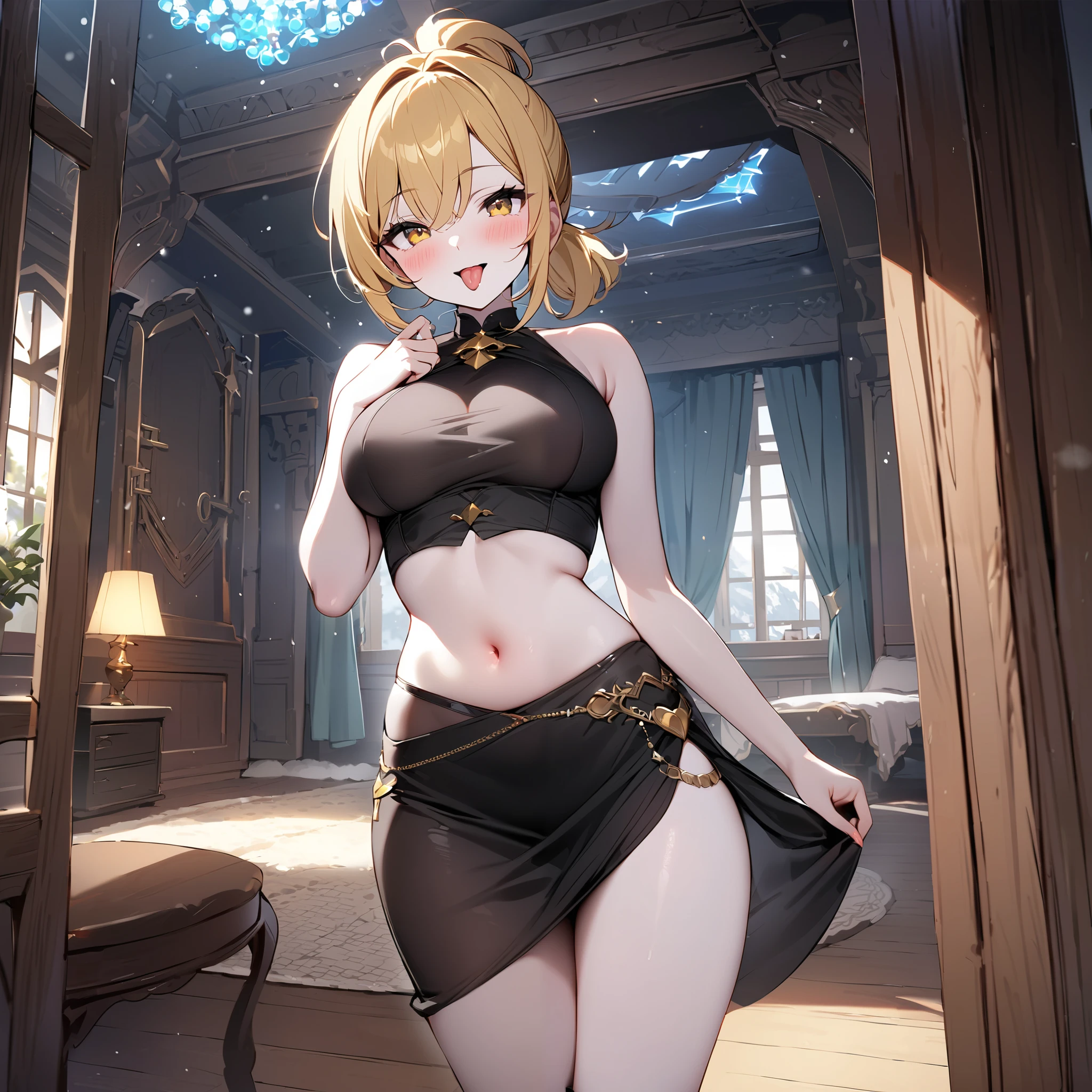 (masterpiece, top quality), solo, one woman, snow white skin, fantastic, western room, smiling, one girl, breasts, blonde hair, midriff, navel, yellow eyes, open mouth, blush, short hair, short ponytail, belly button dress, black dress, tongue out, mysterious place