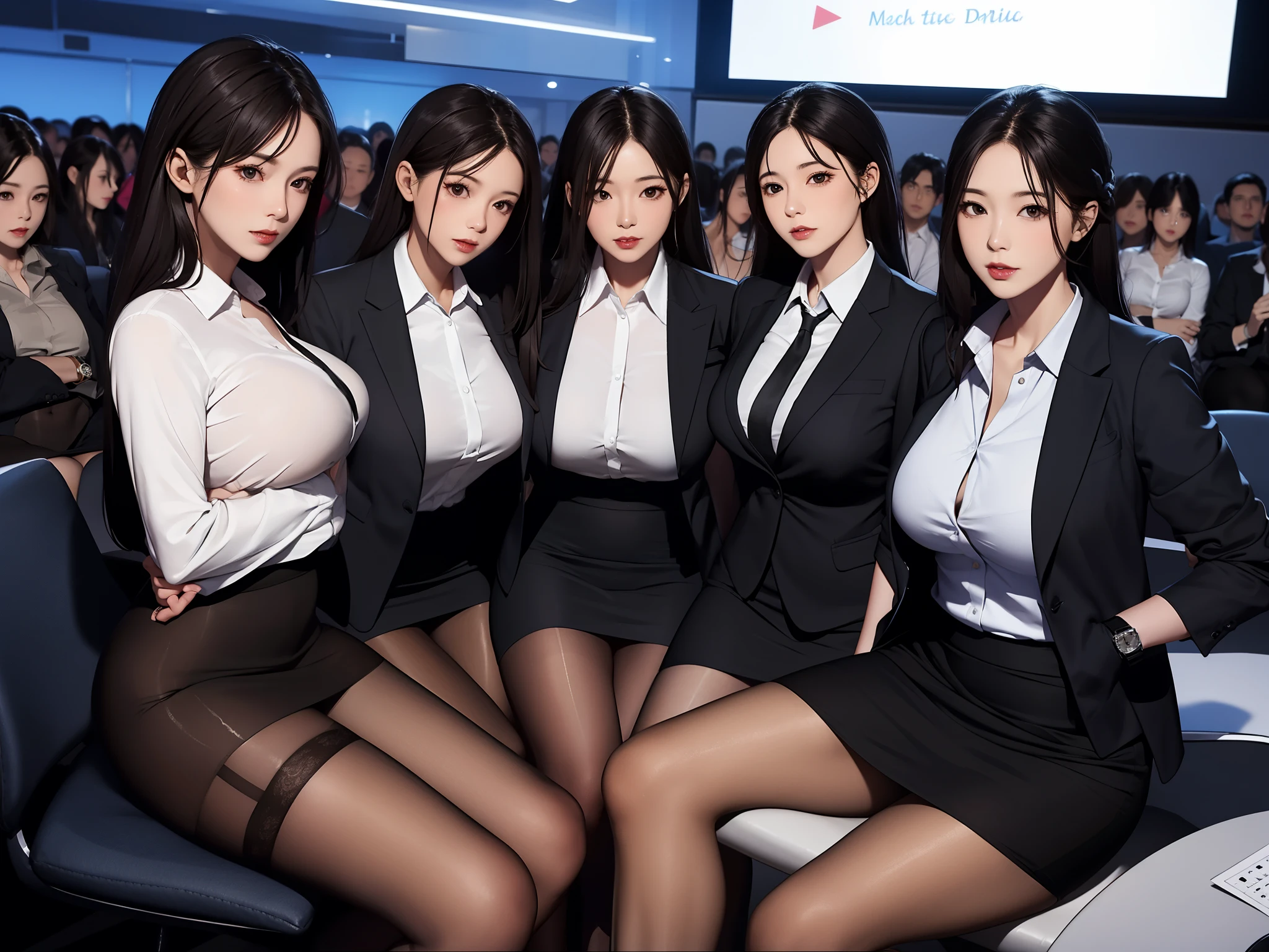 Garter,thigh,breast,skirt,Lysis,OK, dark hair ,Long hair,formal,Set,  office lady,pencil skirt, black eyes,shirt, watches the audience ,jacket,large breast,((stitched stockings)),(group photo)