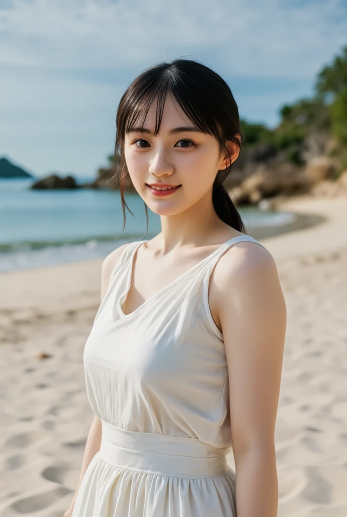 (masterpiece, best quality), 1girl, solo, View viewers, Young Japanese woman, Beautiful woman, Super cute face like an idol, Big eyes with double eyelids, Shiny black hair, Bangs, Medium straight hair, (White sheer bikini), Smiling face,
She is standing in a cute pose,  (white sand beach,tropical,backlighting:1.2), 
Real photo,