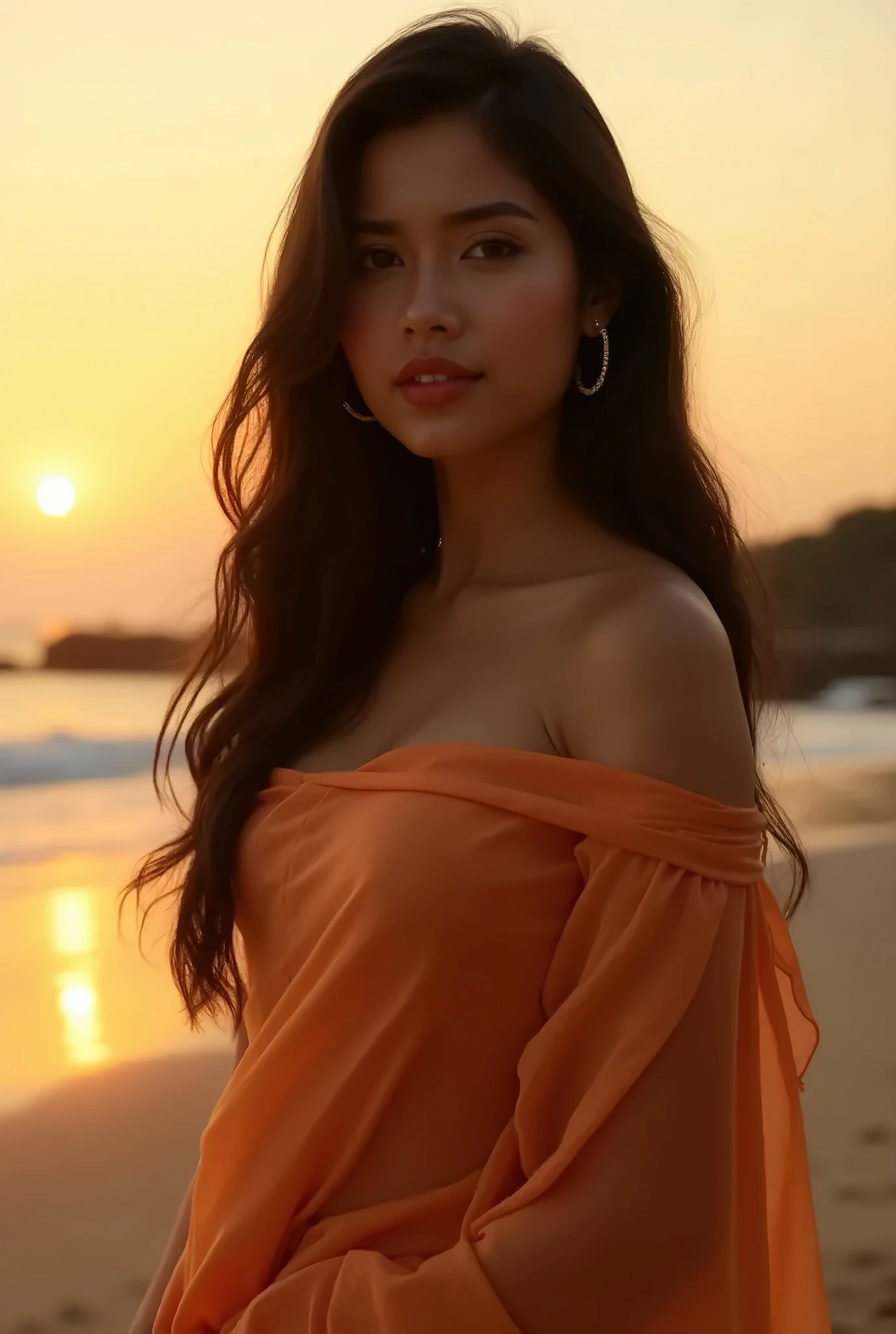 woman, black hair, tight yellow dress, medium bust, sexy pose, looking at camera, looking at viewer, on the beach, sunset background,realism,HD