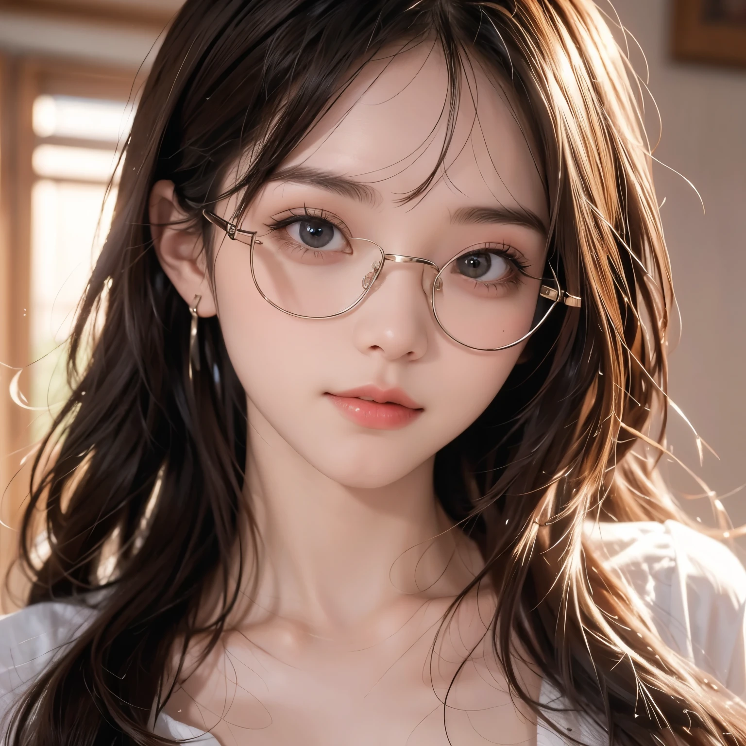 ( best quality, masterpiece), 1 Girl,  master's job , indoor,  glasses, Shy,  1 girl at home, Young Girls, (Goosebumps:0.7),  Beautiful Face, (Eyeliner, Lipstick:0.9), 4K, 8K,  Ultra HD, HDR, detailed background, background