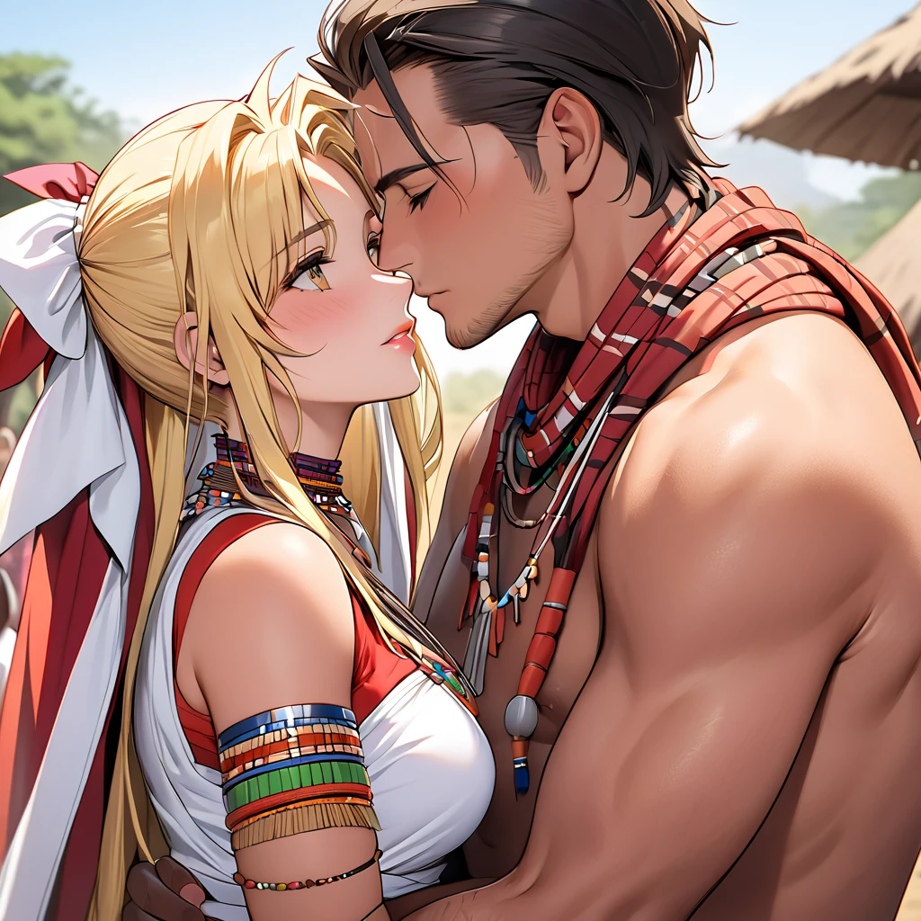((Highest quality)), ((masterpiece)), (detailed), (Perfect Face)、The woman is Asuna, a tribal woman with medium-long light brown hair, who is an indigenous African woman wearing tribal clothing that does not cover her breasts and is decked out in tribal accessories.、In a tribal village, a woman happily embraces her beloved husband, the tribe's best warrior.