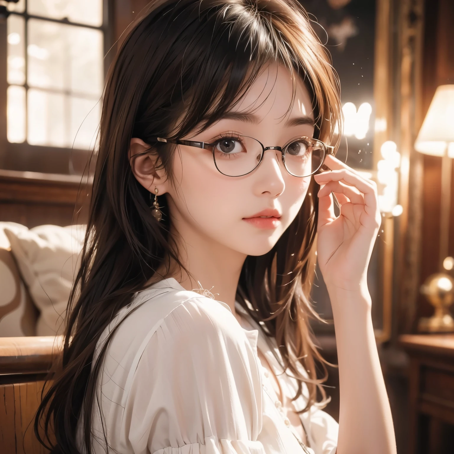 ( best quality, masterpiece), 1 Girl,  master's job , indoor,  glasses, Shy,  1 girl at home, Young Girls, (Goosebumps:0.7),  Beautiful Face, (Eyeliner, Lipstick:0.9), 4K, 8K,  Ultra HD, HDR, detailed background, background