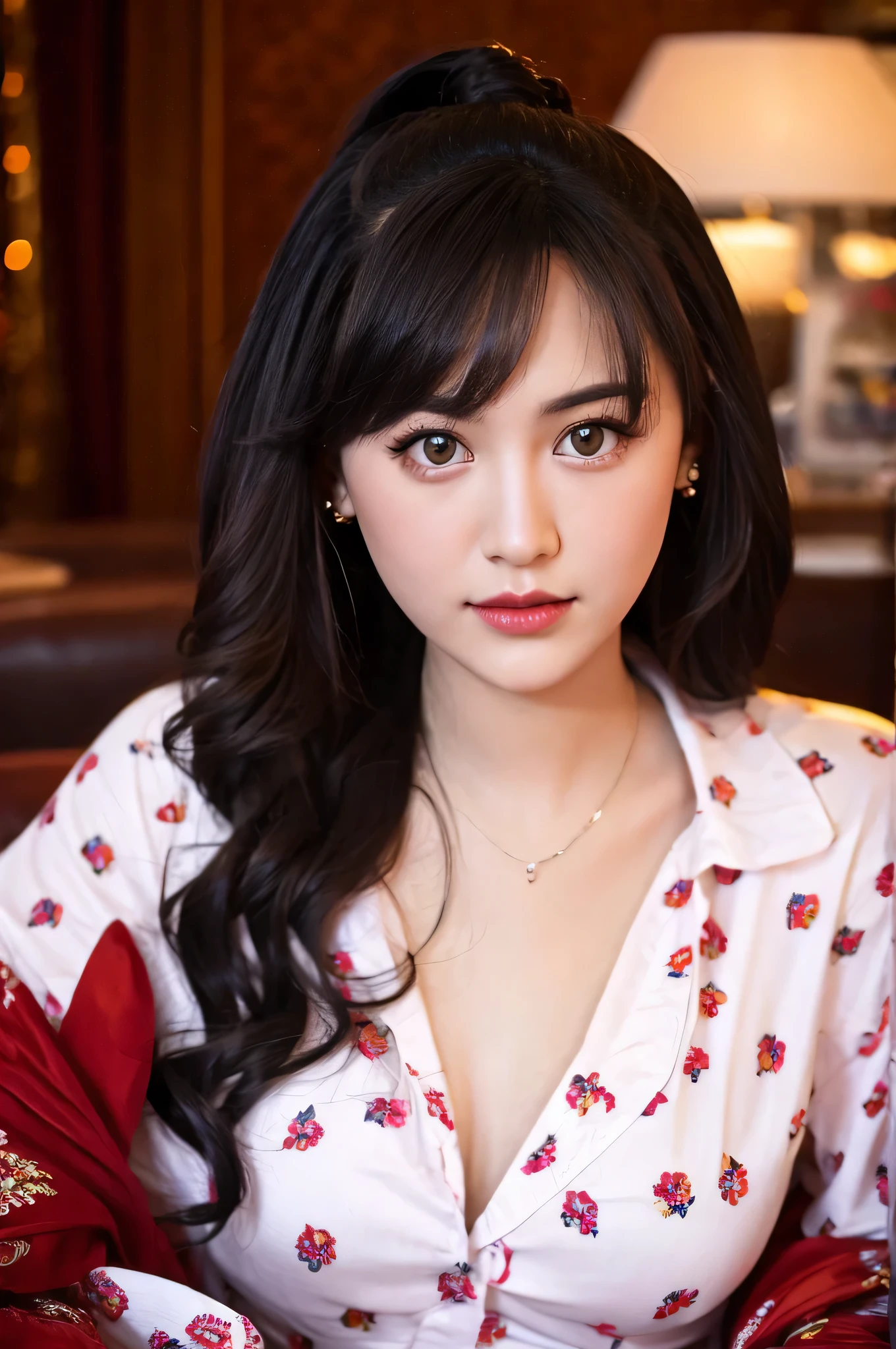 High-quality details, flowing, dynamic, (1 female), 23years old, bright eyes, crystal eyes, a young girl, teen, dark red glosy lips, wearing a thin purple patterned pajamas, shirt buttons open black hair, white skin, sitting on a red sofa, open breasts.