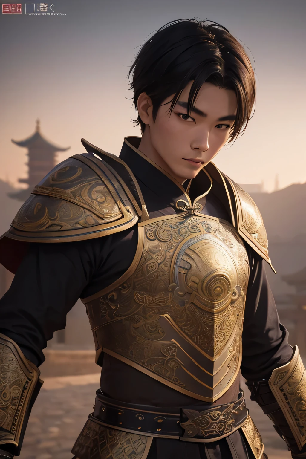 25 year old Chinese man,middle aged man,realistic,chinese_Armor,alone,Background of ancient chinese cities,detailed_eye,shoulder_Armor,(검은 eye),looking at viewer,(masterpiece:1.2), (best quality:1.2), perfect eye, perfect face, perfect lighting, (8K),(complete anatomy), Nee Shot