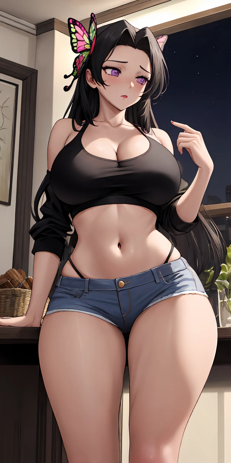 masterpiece, best quality, extremely detail 8k cg, high resolution, 1girl, solo, mature female, kochou kanae, butterfly hair ornament, parted bangs, hair intakes, black hair, violet eyes, tan skin, jewelry, big boobs, gigantic breasts, cleavage, miniskirt, croptop, navel, thighs, shiny thighs, night time, dim lighting, indoors, beautiful face, looking away, medium full shot