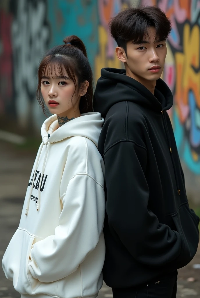 A 25 year old Korean man"black hair model two block hair"height 185 cm"wearing a black hoodie"black baggy trousers"white sneakers" hugging a beautiful woman"with matching clothes"straight black hair"happy face facing the camera"gambar ultra hd" Neat looks real