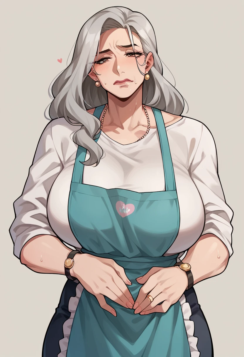 Hyper realistic, grandmother, gilf, mature female, perfect face, perfect lighting, Gray Hair、Long Hair、sexy lips, sexy female, closed mouth, large breasts, sweat,Stand upright、mature female,((Tシャツ、デニム長ズボン、青いapron))、横から