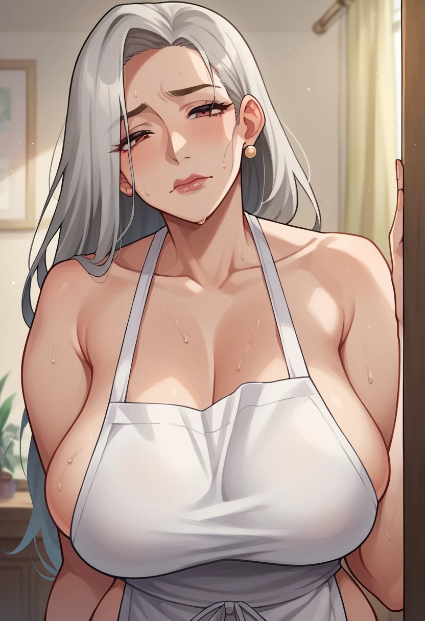 Hyper realistic, grandmother, gilf, mature female, perfect face, perfect lighting, Gray Hair、Long Hair、sexy lips, sexy female, closed mouth, large breasts, sweat,Stand upright、mature female,((Tシャツ、デニム長ズボン、青いapron))、横から