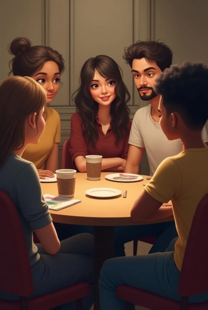 Young people sitting at a round table , having two women, one white with straight hair and the other black with curly hair and two men, a thin brown and a strong white