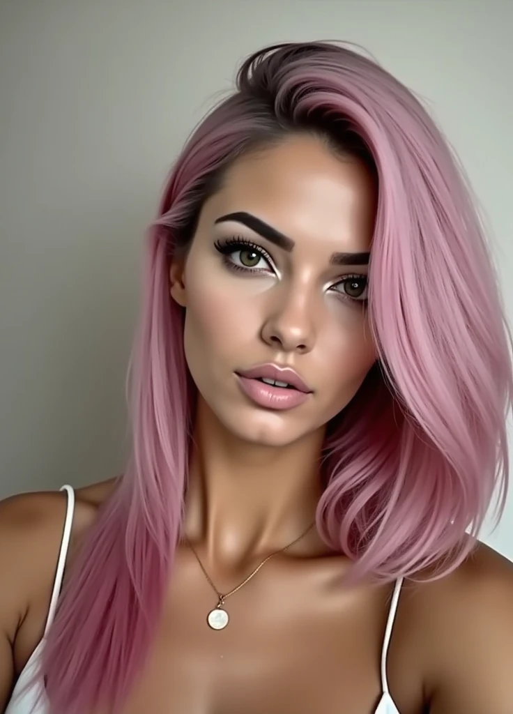garota araafed totalmente , menina sexy com olhos azuis, ultra realistic, meticulosamente detalhado, Retrato Sophie Mudd, cabelo moreno e olhos grandes, selfie de uma jovem garota, Olhos do quarto, Violeta Myers, sem maquiagem, maquiagem natural, Looking directly at the camera, Rosto com ArtGram, maquiagem sutil, impressionante tiro de corpo inteiro ajoelhado na cama, no quarto, medium bust and pink top and white type very natural light pink hair.