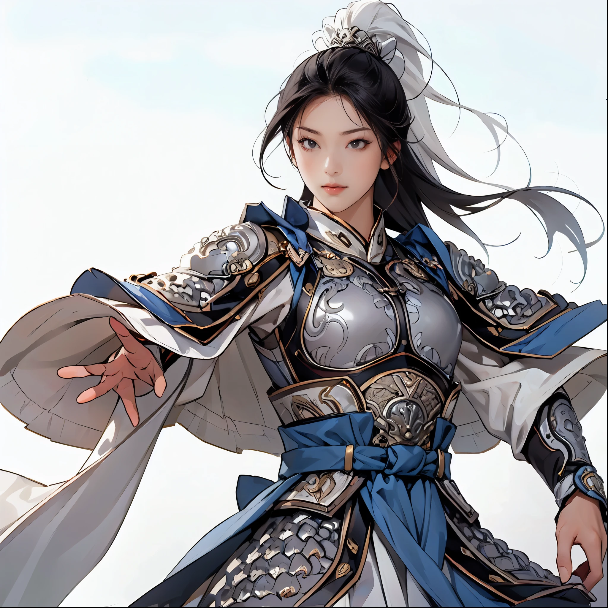 Hex Armor, 1 girl,(ancient chinese armor:1.3),masterpiece,Moon Milk ,Long black hair, cowboy shot, white background:1.3,simple background:1.3