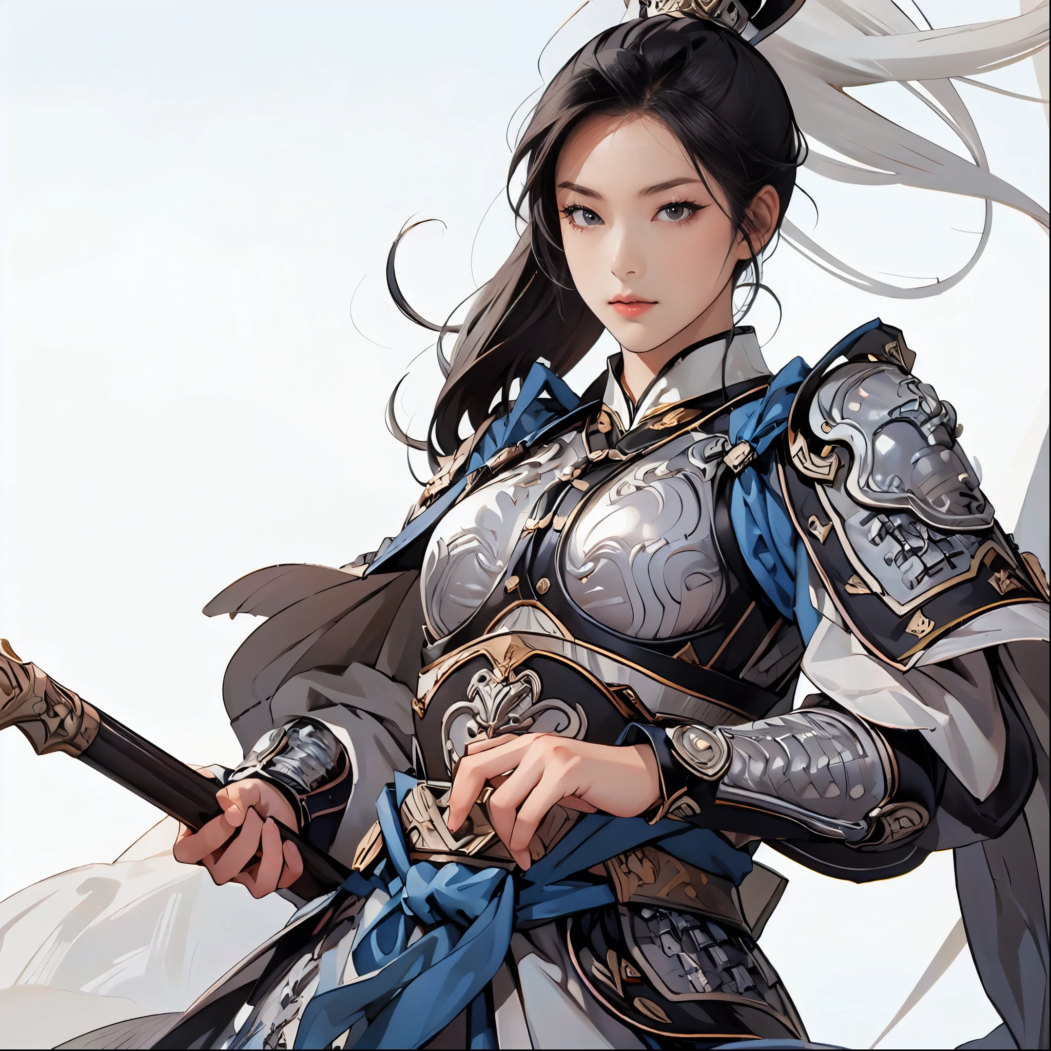 Hex Armor, 1 girl,(ancient chinese armor:1.3),masterpiece,Moon Milk ,Long black hair, cowboy shot, white background:1.3,simple background:1.3