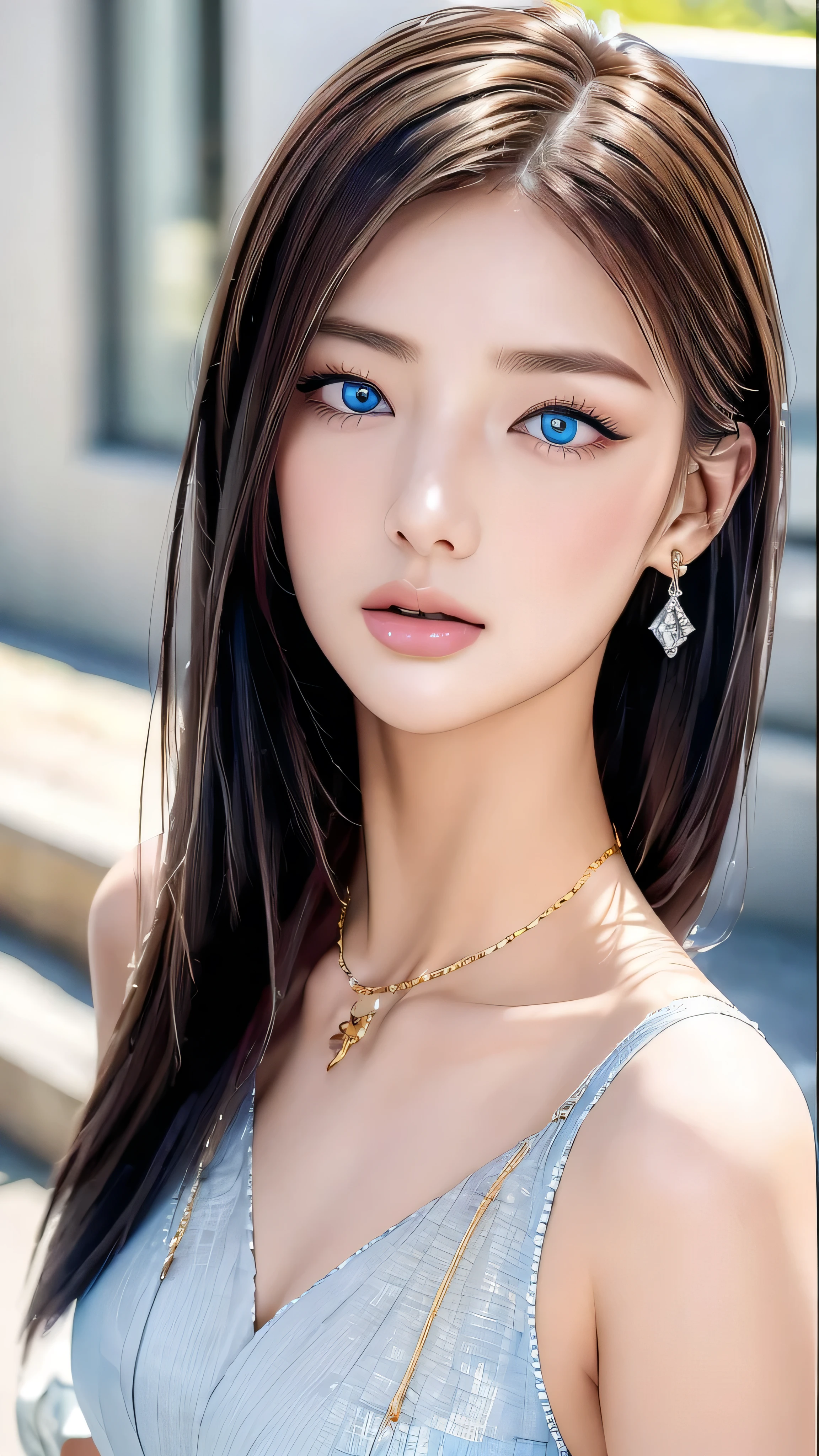 (masterpiece:1.3), (8k, Realistic, RAW photos from the last century, best image quality: 1.4), Japanese, ( 1 girl), Facial beauty, ( lively face ), ( random color straight long hair with slightly raised eyes:1.3), beautiful hairstyle, Realistic eyes, Droopy eyes、 beautiful eyes , (Realistic Skin), Beautiful Skin, charm, super high definition, Attention to Details , Golden Ratio, detail makeup 、Completely naked、 The clavicle is visible、Daytime、 look up 、 look up 、 please open your mouth slightly、 tongue、Yellow eyeshadow、 Long eyelashes、Sharp Eye、Zoom Face、 blue eyes、Mesh Hair Color、 moles around the mouth 、Rings Earrings、 gorgeous gold necklace 、Giant Diamond、 tongue、 looking down at it from above