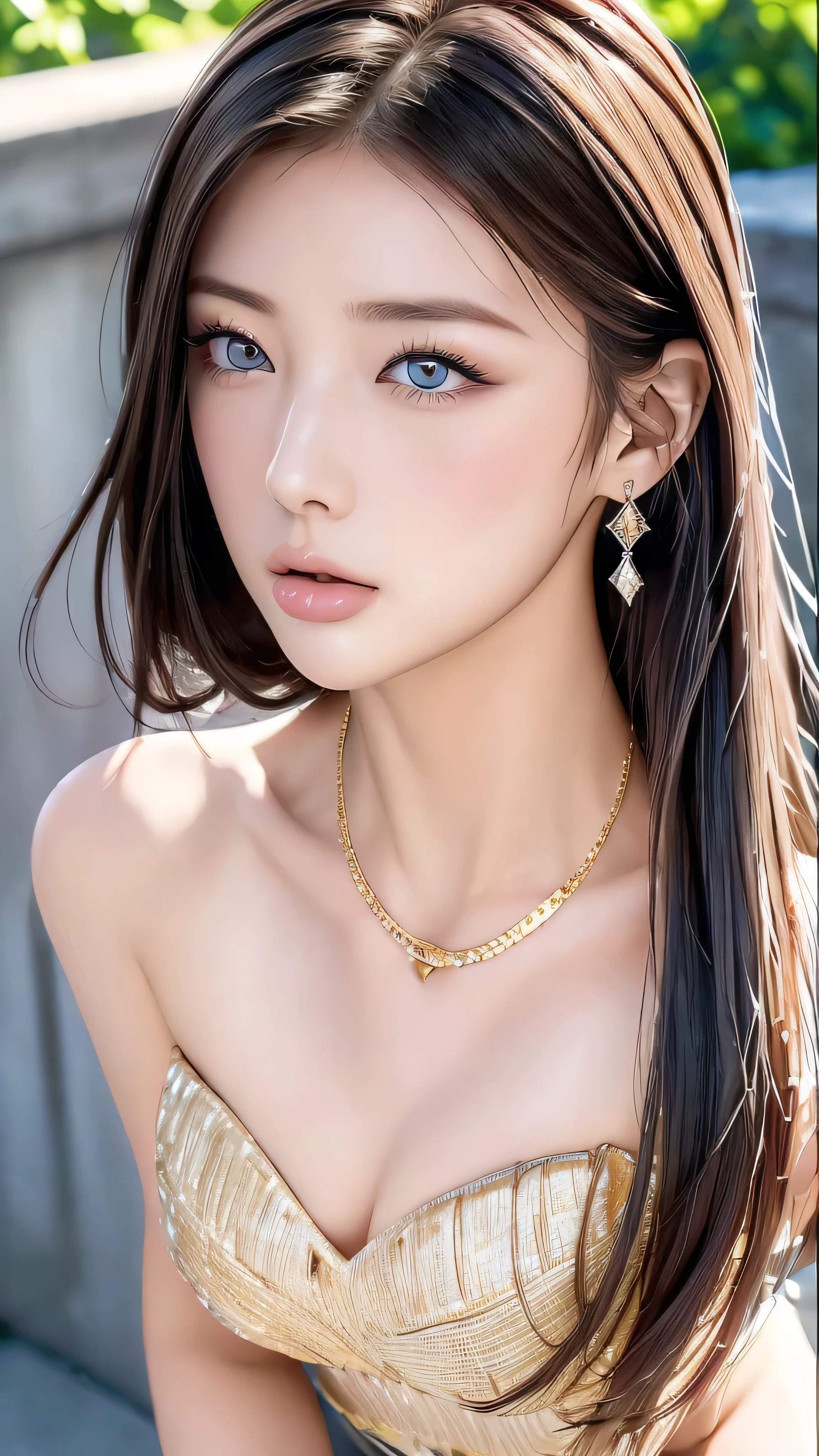 (masterpiece:1.3), (8k, Realistic, RAW photos from the last century, best image quality: 1.4), Japanese, ( 1 girl), Facial beauty, ( lively face ), ( random color straight long hair with slightly raised eyes:1.3), beautiful hairstyle, Realistic eyes, Droopy eyes、 beautiful eyes , (Realistic Skin), Beautiful Skin, charm, super high definition, Attention to Details , Golden Ratio, detail makeup 、Completely naked、 The clavicle is visible、Daytime、 look up 、 look up 、 please open your mouth slightly、 tongue、Yellow eyeshadow、 Long eyelashes、Sharp Eye、Zoom Face、 blue eyes、Mesh Hair Color、 moles around the mouth 、Rings Earrings、 gorgeous gold necklace 、Giant Diamond、 tongue、 looking down at it from above