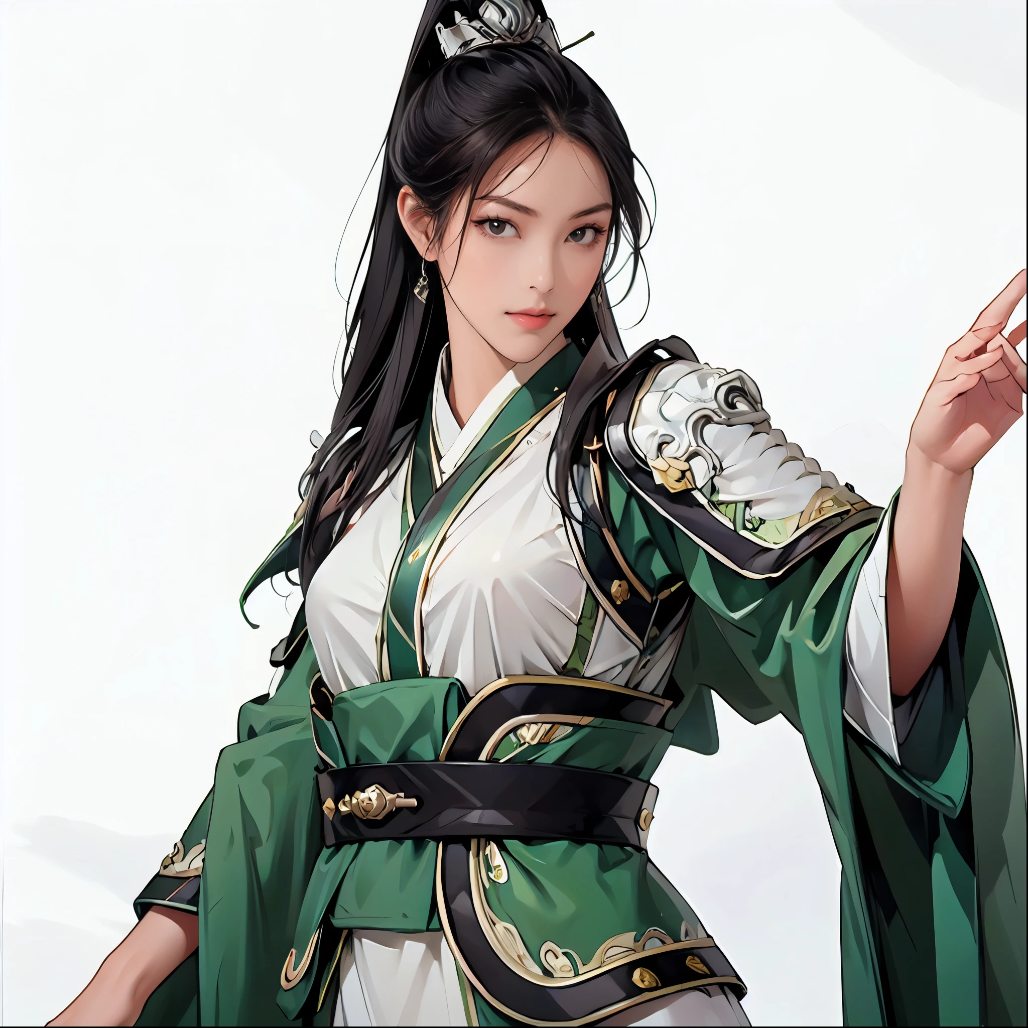 Hex Armor, 1 girl,(ancient chinese armor:1.3,Green kimono),masterpiece,Moon Milk ,Long black hair, cowboy shot, white background:1.3,simple background:1.3