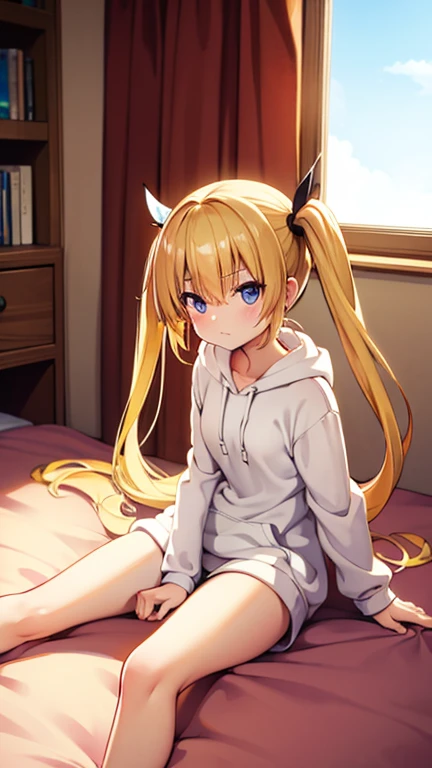 (Girl with dark skin:5.0,elvish)Lori,ite girl in,A girue eyess、closing eye、a blond、very long transverse hair、hair over eyes、Incredibly long hair、very sleepy、Oversized T-shirt、on the beds、wariza、morning、straddle the