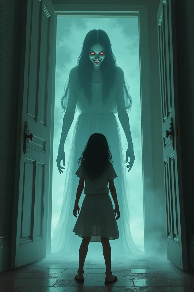 In a dimly lit, abandoned mansion, a young girl named Lily confronts a ghostly apparition of another girl, who appears injured and is bleeding mysteriously from unseen wounds. Trembling with a mix of fear and determination, Lily grabs a nearby pitcher filled with water and hurls it at the spectral figure. As the water splashes against the ghost, a chilling wail echoes through the air, and the ghost's injuries seem to worsen, or perhaps reveal their true nature. What happens next as the ghost's presence becomes more intense and Lily’s courage is put to the ultimate test